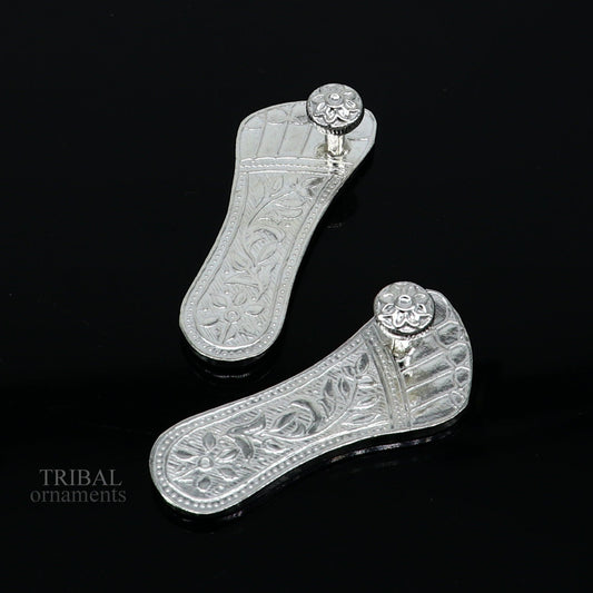 2.3" sterling silver handmade Charan paduka or slippers for idol krishna, laddu gopala, little krishna or Vshnu Narayana puja art su642 - TRIBAL ORNAMENTS