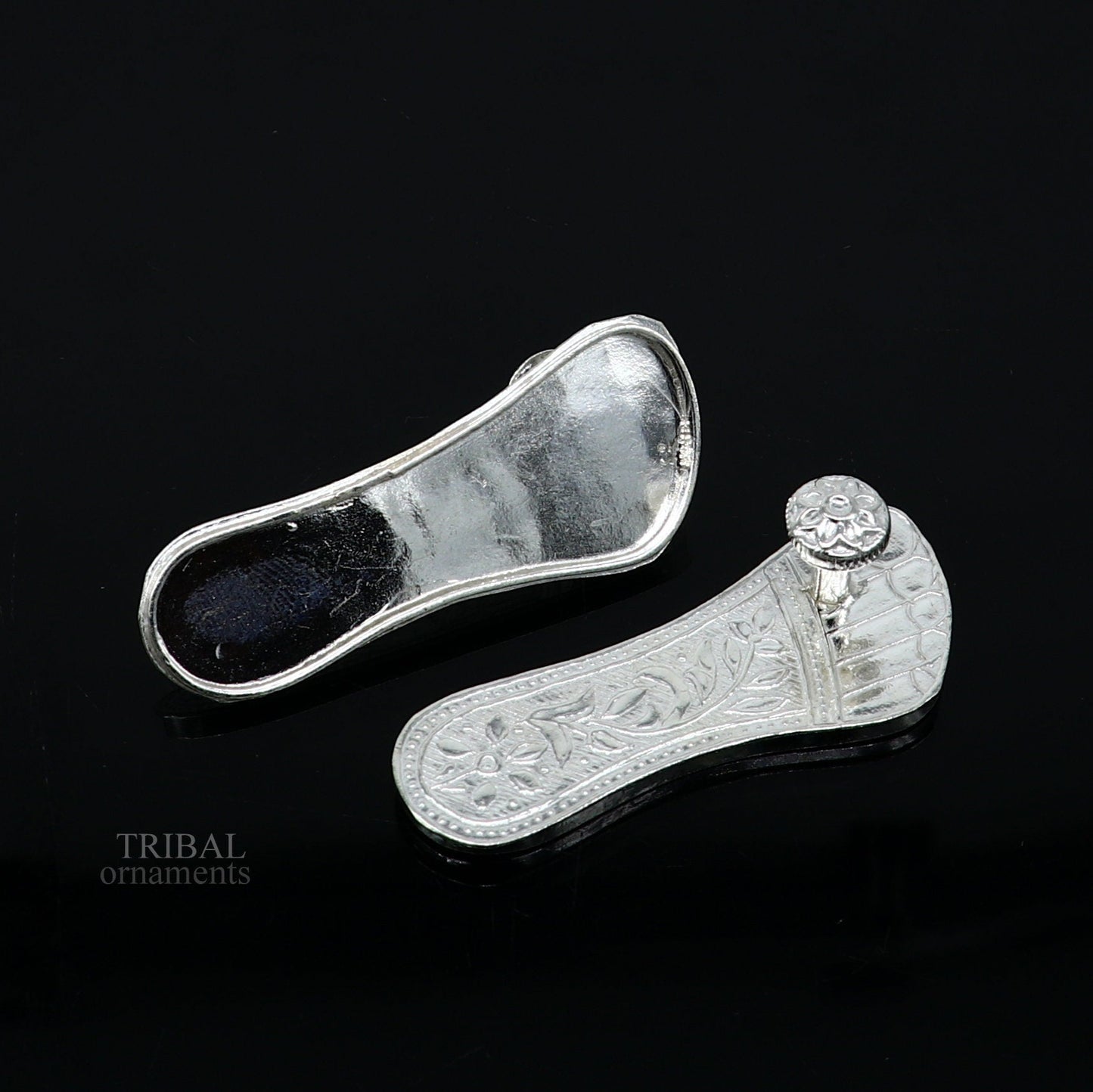 2.3" sterling silver handmade Charan paduka or slippers for idol krishna, laddu gopala, little krishna or Vshnu Narayana puja art su642 - TRIBAL ORNAMENTS