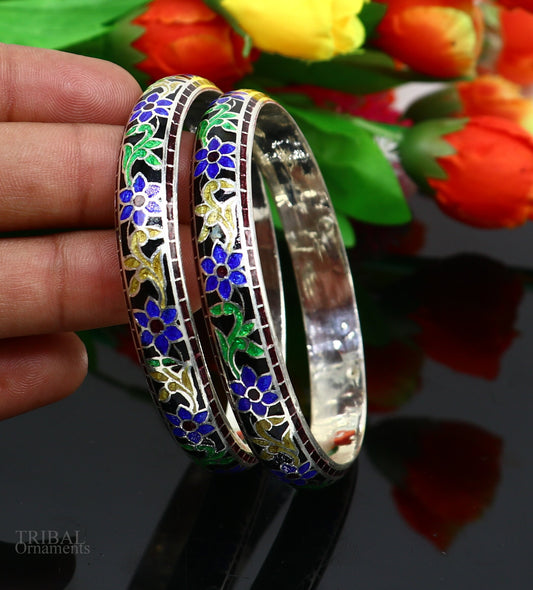 925 Sterling silver handmade amazing meenakari (color enamel )bangle bracelet vintage antique style jewelry from Rajasthan india nba282 - TRIBAL ORNAMENTS