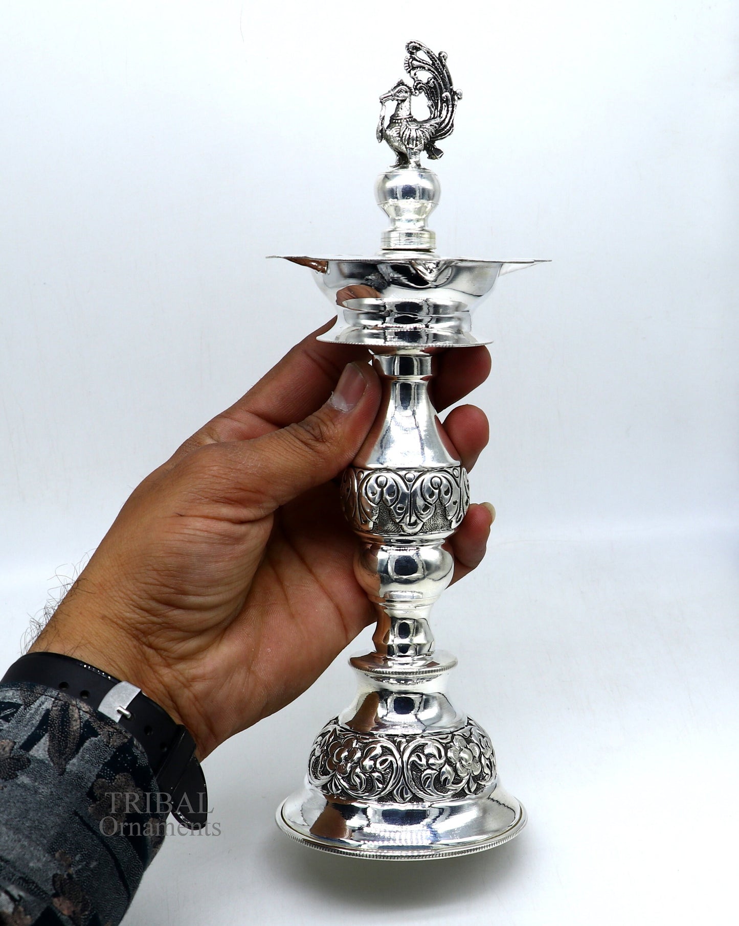 10" 925 sterling silver handcrafted vintage design Panchmukhi oil lamp, Deepak, silver puja article, silver candle stand diya figurine LMP01 - TRIBAL ORNAMENTS
