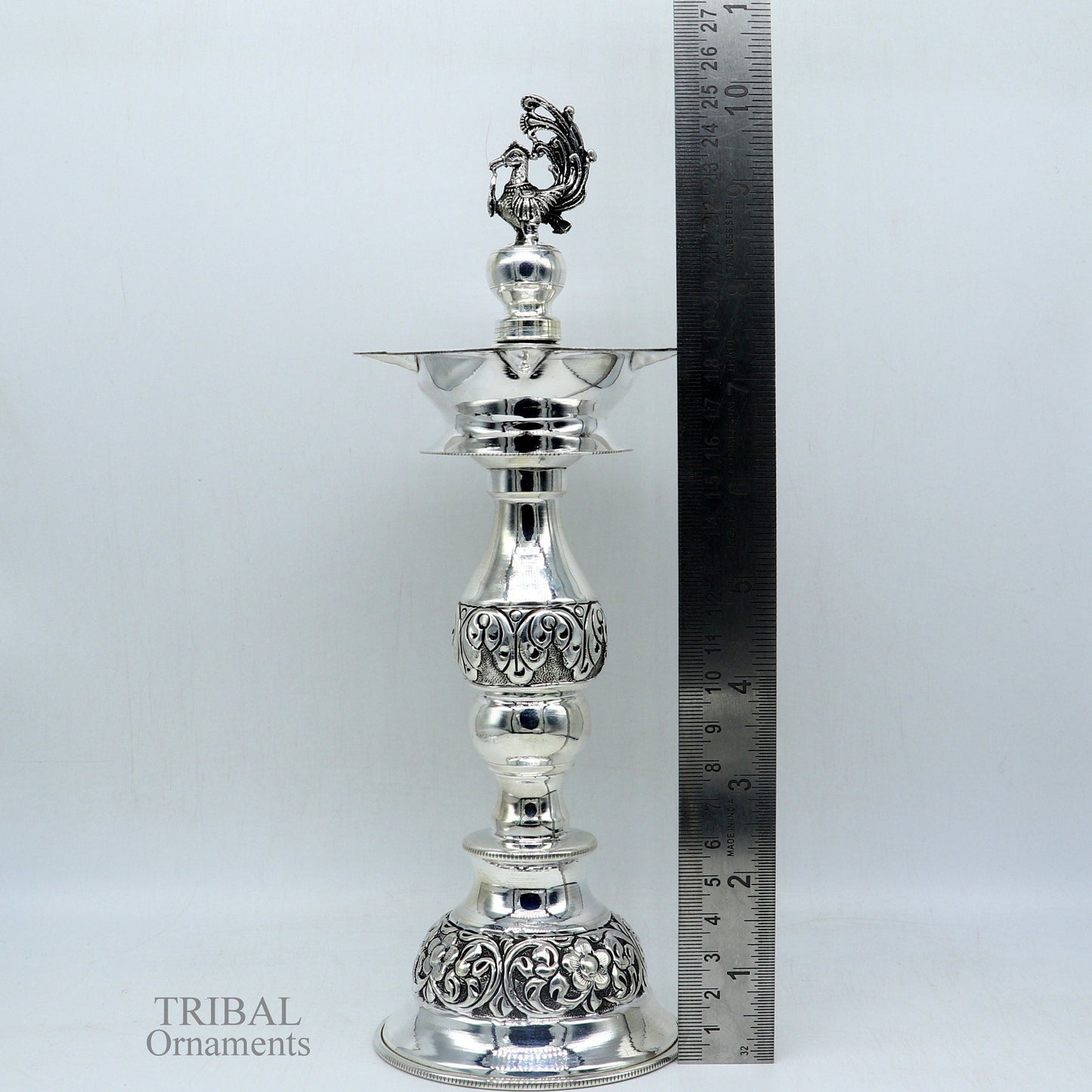 10" 925 sterling silver handcrafted vintage design Panchmukhi oil lamp, Deepak, silver puja article, silver candle stand diya figurine LMP01 - TRIBAL ORNAMENTS