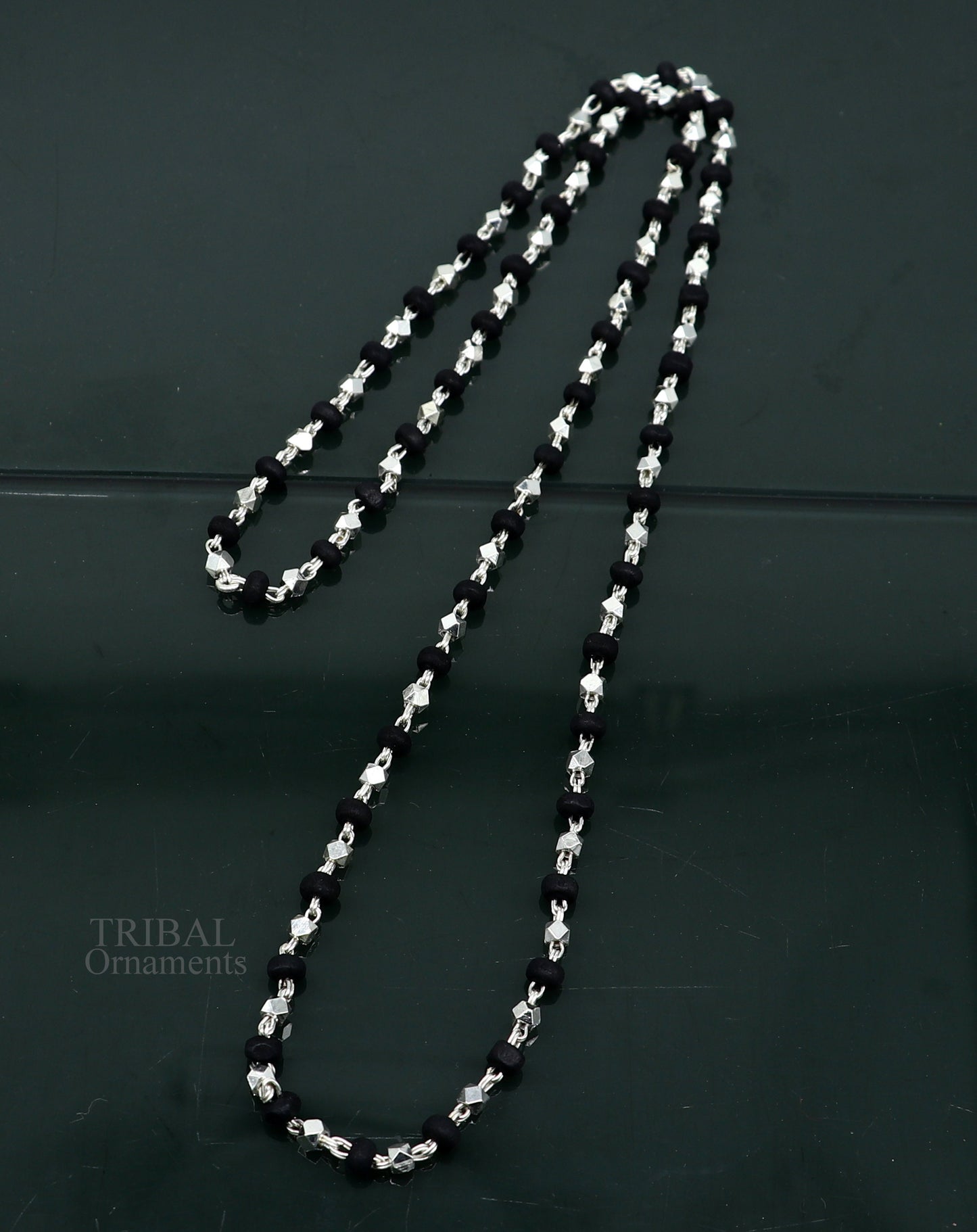 24" 925 sterling silver black holy basil rosary wooden beads 4mm solid chain necklace, excellent unisex stylish necklace from india ch144 - TRIBAL ORNAMENTS
