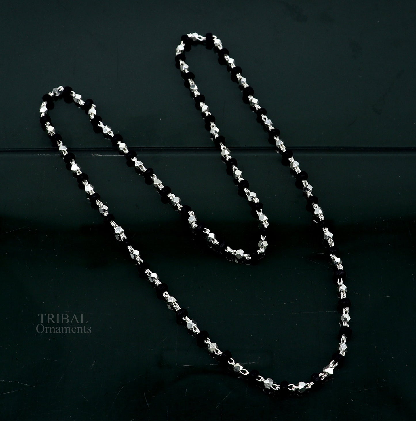 24" 925 sterling silver black holy basil rosary wooden beads 4mm solid chain necklace, excellent unisex stylish necklace from india ch144 - TRIBAL ORNAMENTS