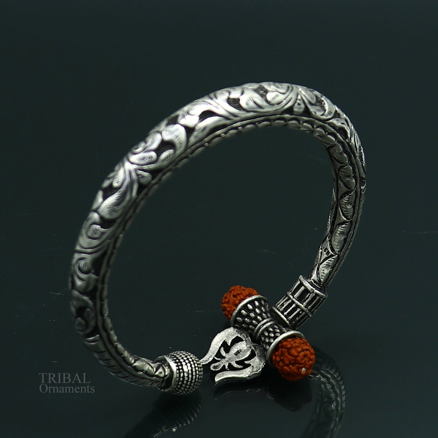 925 Sterling silver handmade chitai work Lord Shiva trident trishul kada bangle bracelet with natural Rudraksha customized kada nsk420 - TRIBAL ORNAMENTS