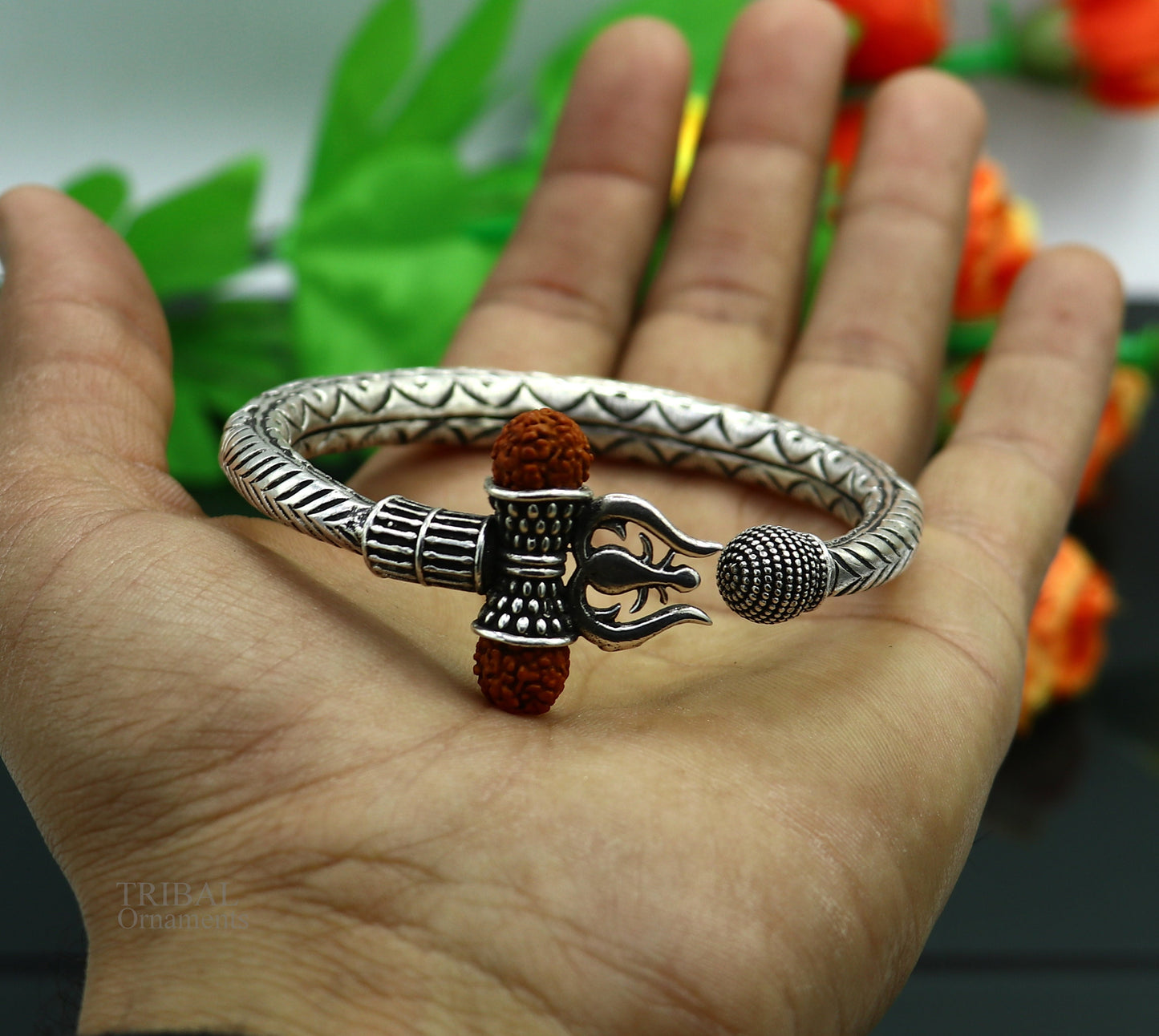 925 Sterling silver handmade chitai work Lord Shiva trident trishul kada bangle bracelet with natural Rudraksha customized kada nsk420 - TRIBAL ORNAMENTS
