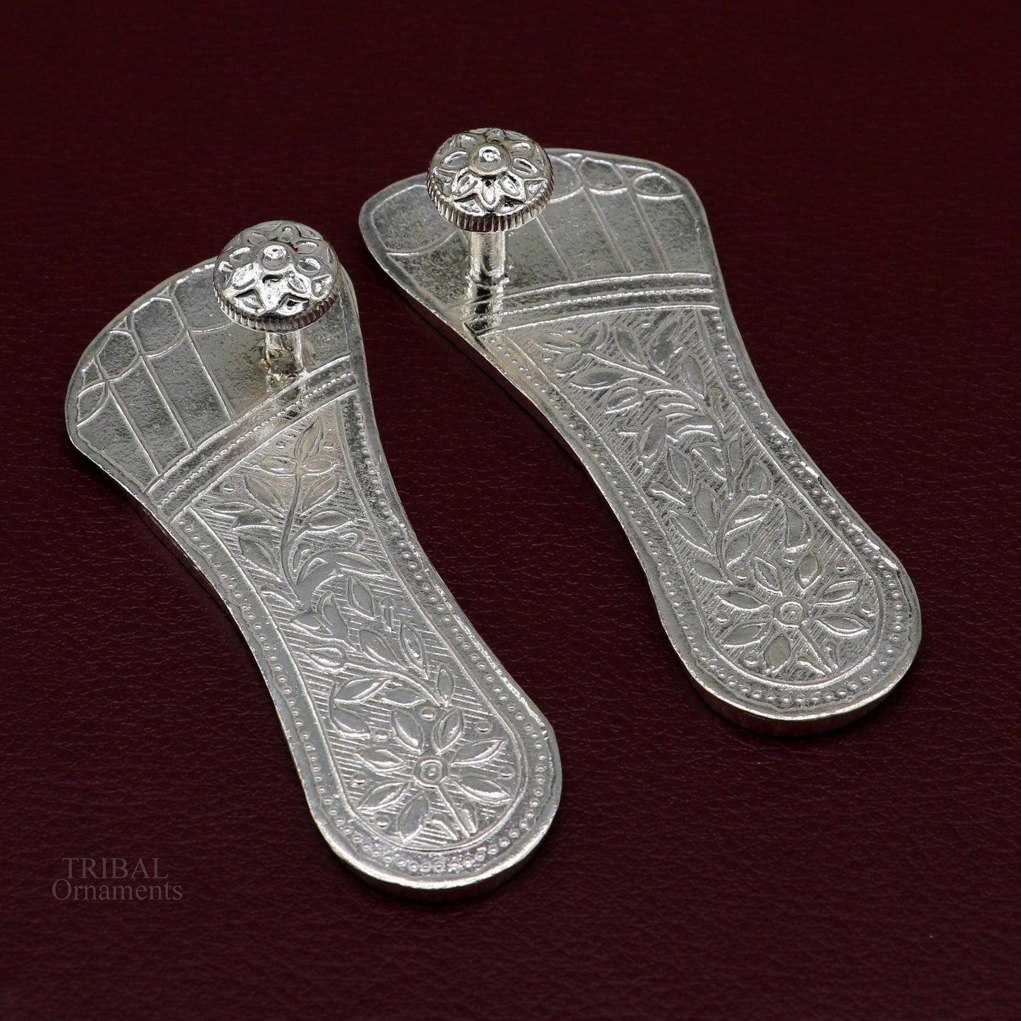 3" Solid sterling silver handmade Charan paduka or slippers for idol krishna, laddu gopala, little krishna or Vshnu Narayana puja art su637 - TRIBAL ORNAMENTS
