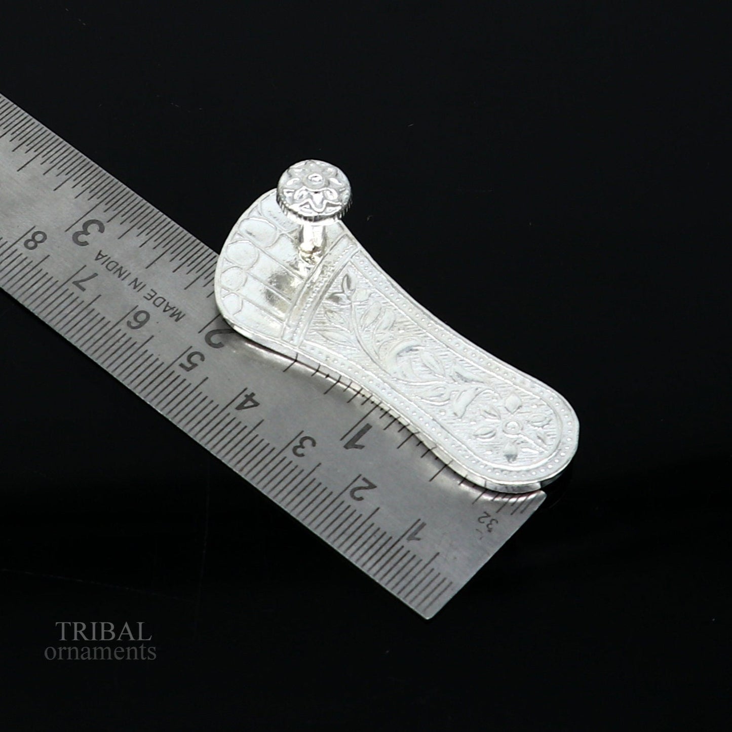 2.3" sterling silver handmade Charan paduka or slippers for idol krishna, laddu gopala, little krishna or Vshnu Narayana puja art su642 - TRIBAL ORNAMENTS