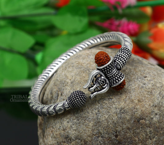 Exclusive 925 Sterling silver handmade chitai work Lord Shiva trident trishul bangle bracelet natural Rudraksha beads customized kada nsk440 - TRIBAL ORNAMENTS
