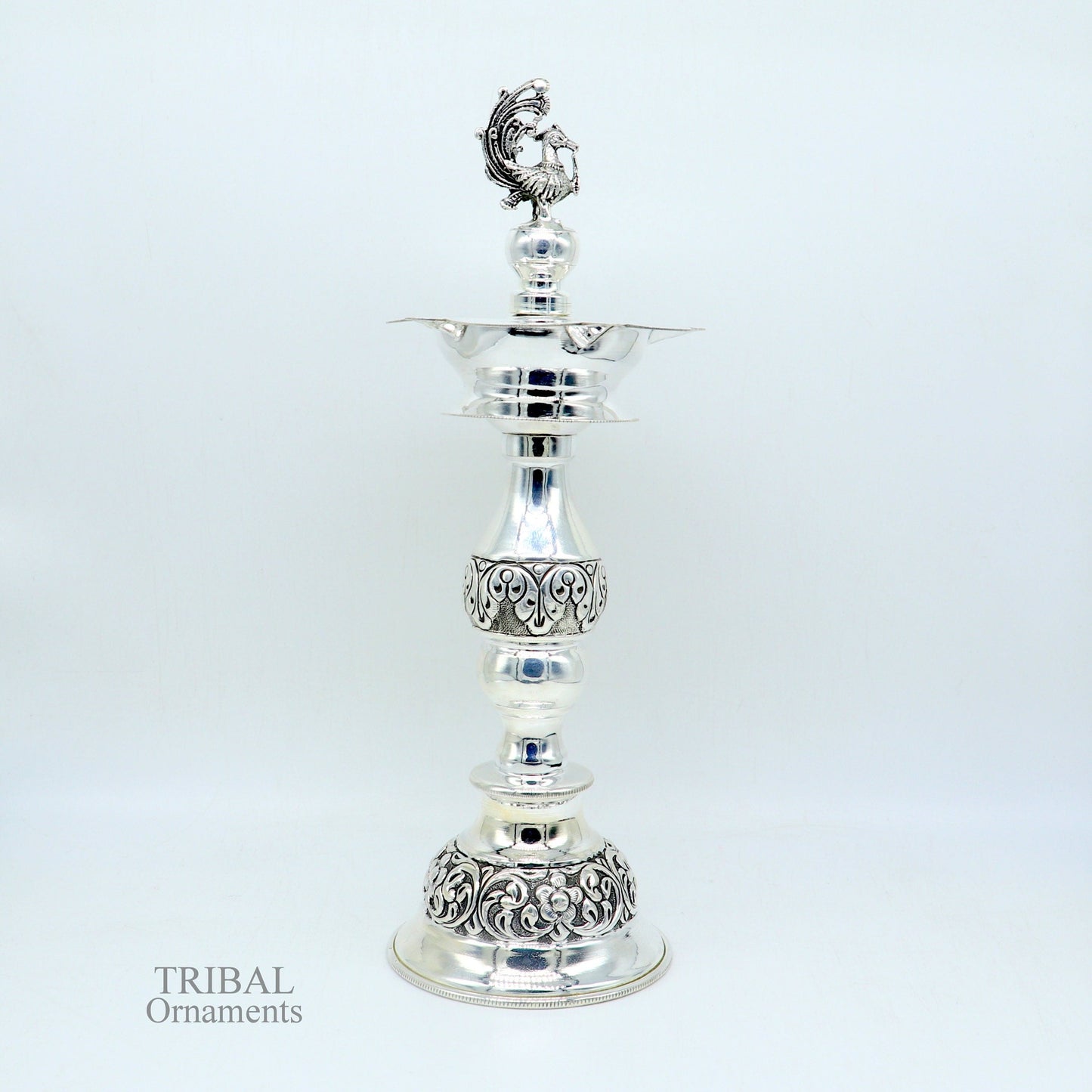 10" 925 sterling silver handcrafted vintage design Panchmukhi oil lamp, Deepak, silver puja article, silver candle stand diya figurine LMP01 - TRIBAL ORNAMENTS