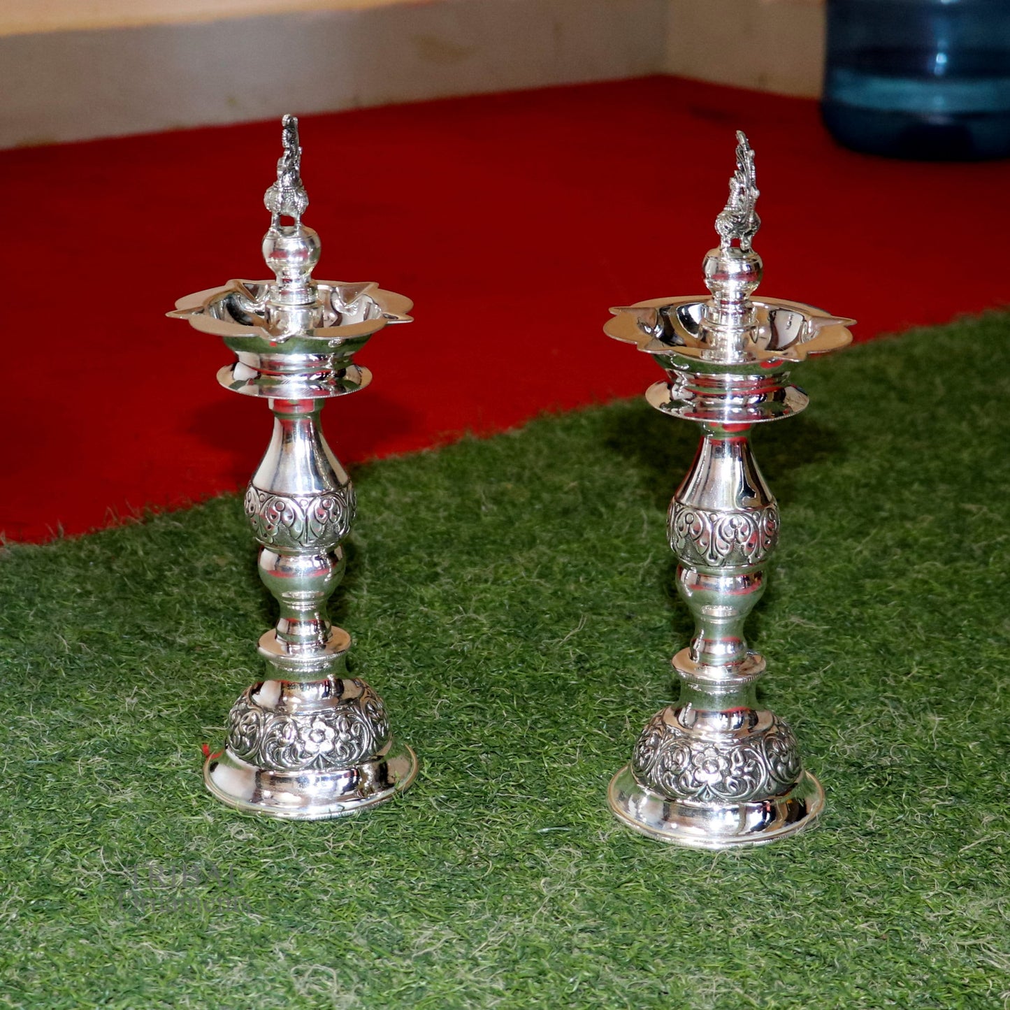 10" 925 sterling silver handcrafted vintage design Panchmukhi oil lamp, Deepak, silver puja article, silver candle stand diya figurine LMP01 - TRIBAL ORNAMENTS