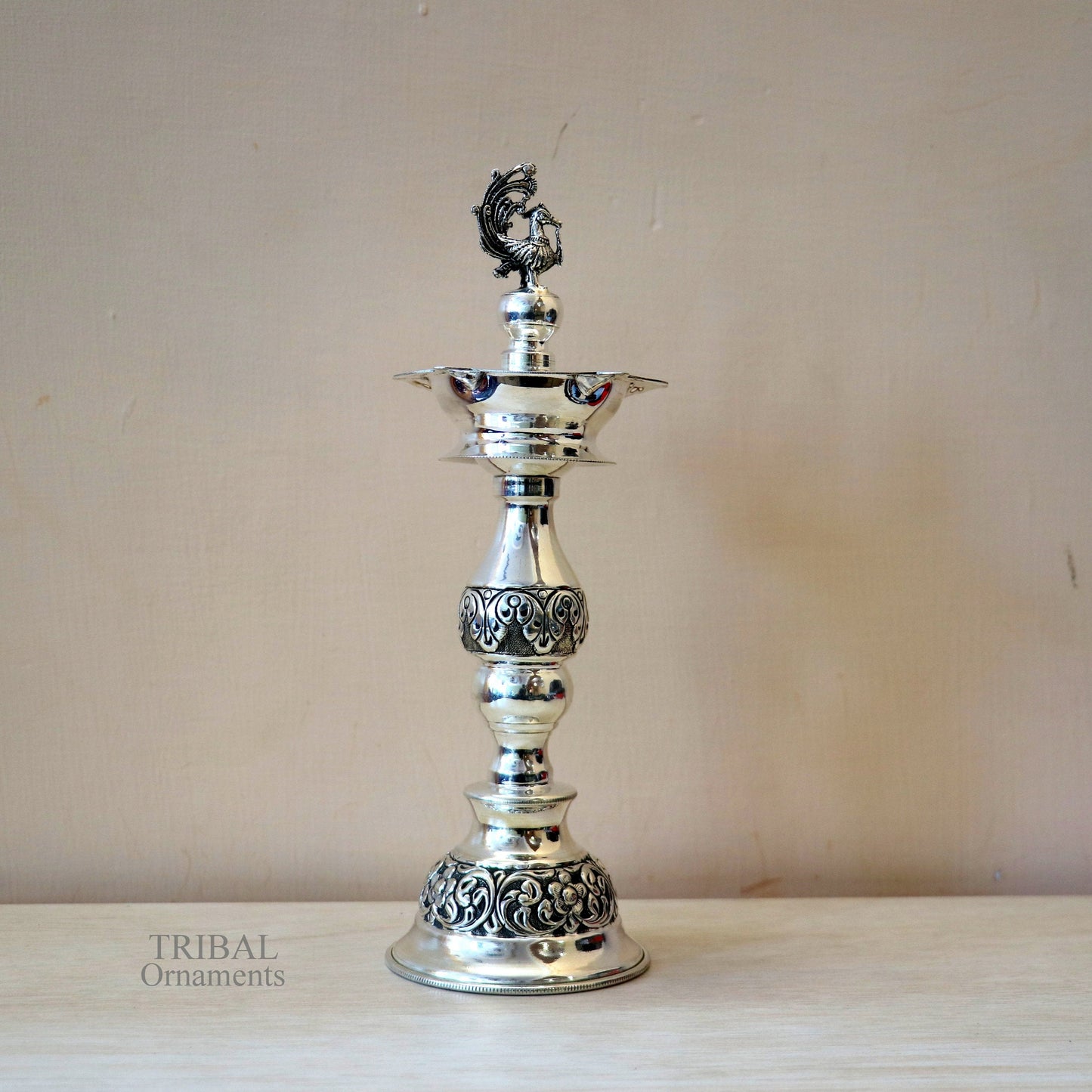 10" 925 sterling silver handcrafted vintage design Panchmukhi oil lamp, Deepak, silver puja article, silver candle stand diya figurine LMP01 - TRIBAL ORNAMENTS
