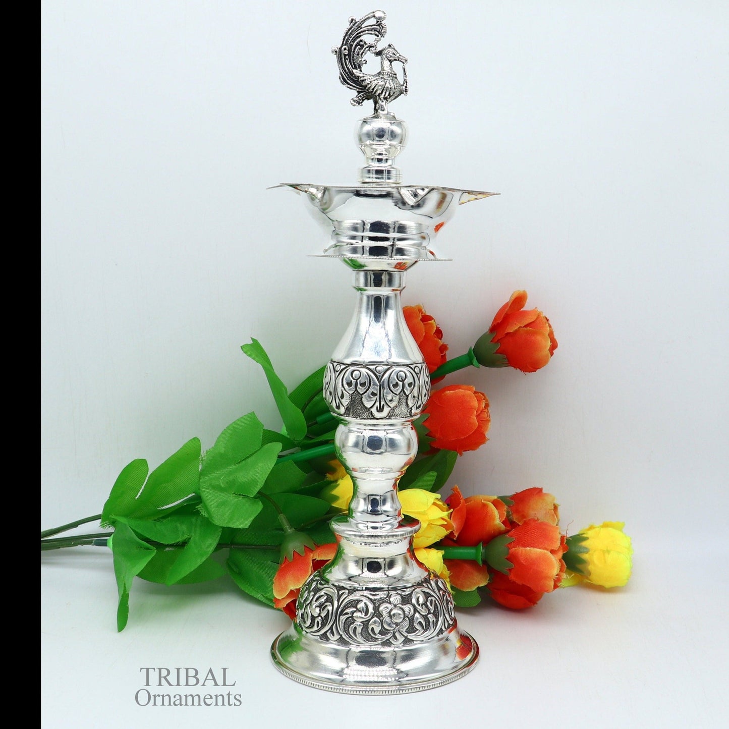 10" 925 sterling silver handcrafted vintage design Panchmukhi oil lamp, Deepak, silver puja article, silver candle stand diya figurine LMP01 - TRIBAL ORNAMENTS