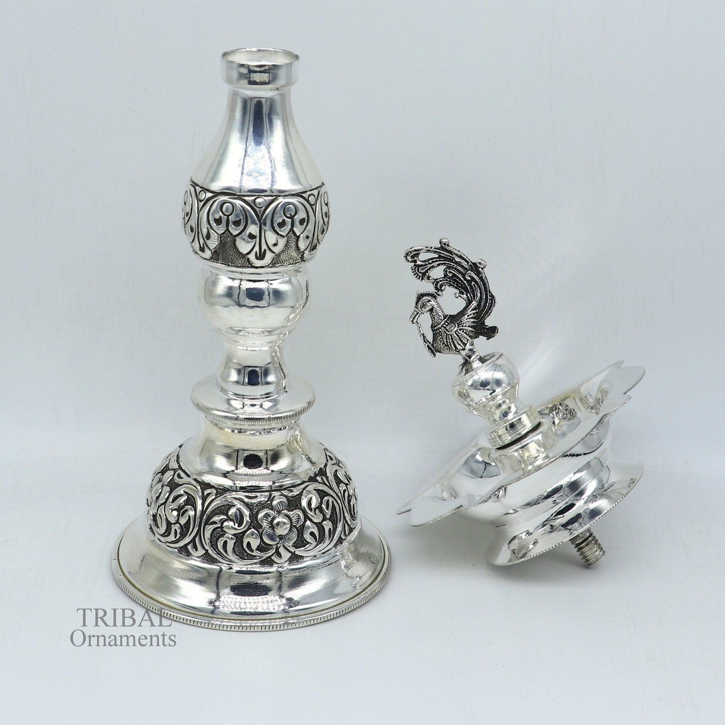 10" 925 sterling silver handcrafted vintage design Panchmukhi oil lamp, Deepak, silver puja article, silver candle stand diya figurine LMP01 - TRIBAL ORNAMENTS
