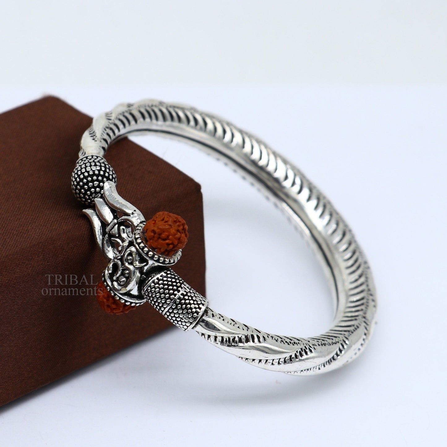 Exclusive 925 Sterling silver handmade chitai work Lord Shiva trident trishul bangle bracelet natural Rudraksha beads customized kada nsk444 - TRIBAL ORNAMENTS