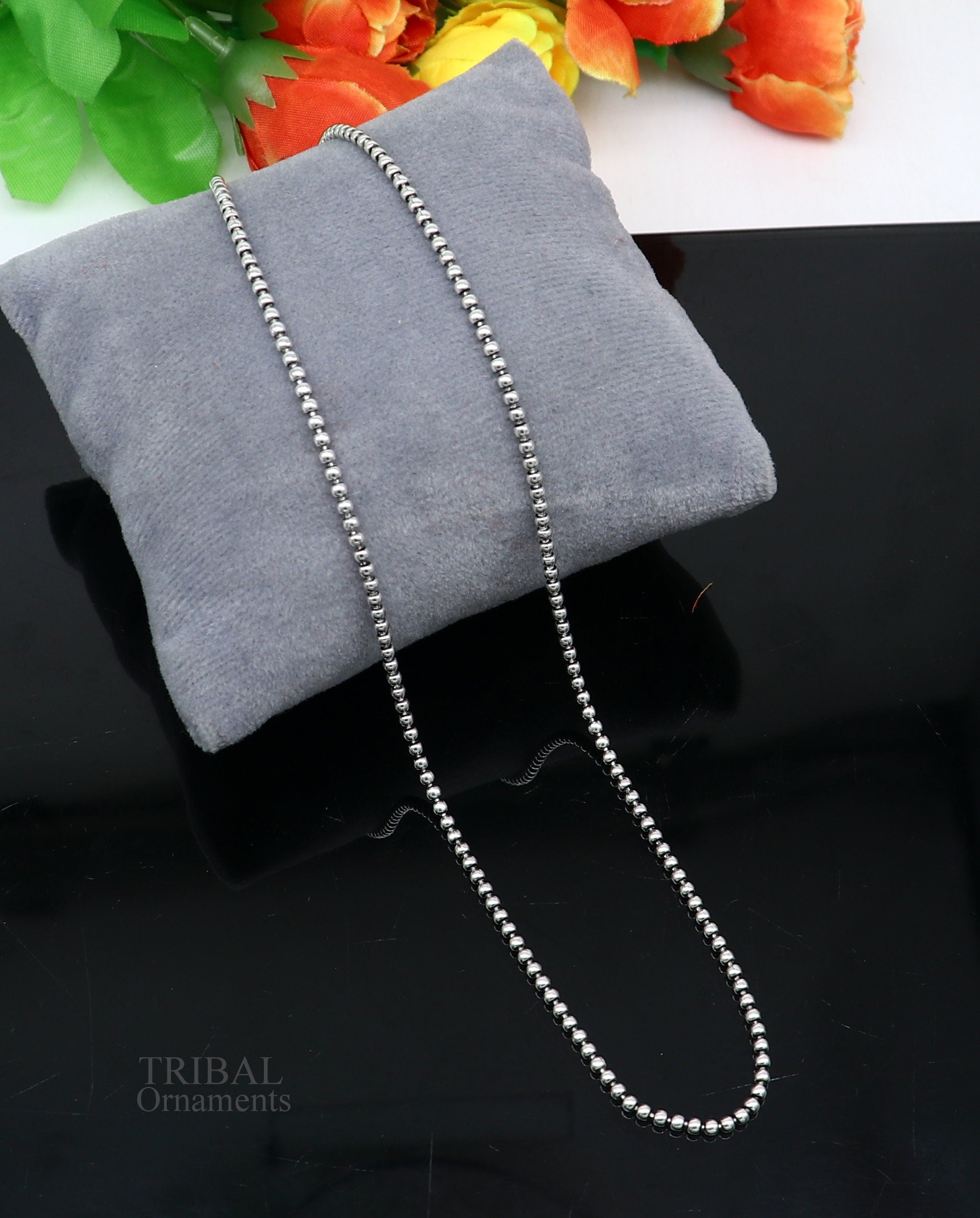 All size 925 sterling silver handmade customized fancy stylish silver beaded chain necklace baht chain best gifting jewelry from India ch150 - TRIBAL ORNAMENTS