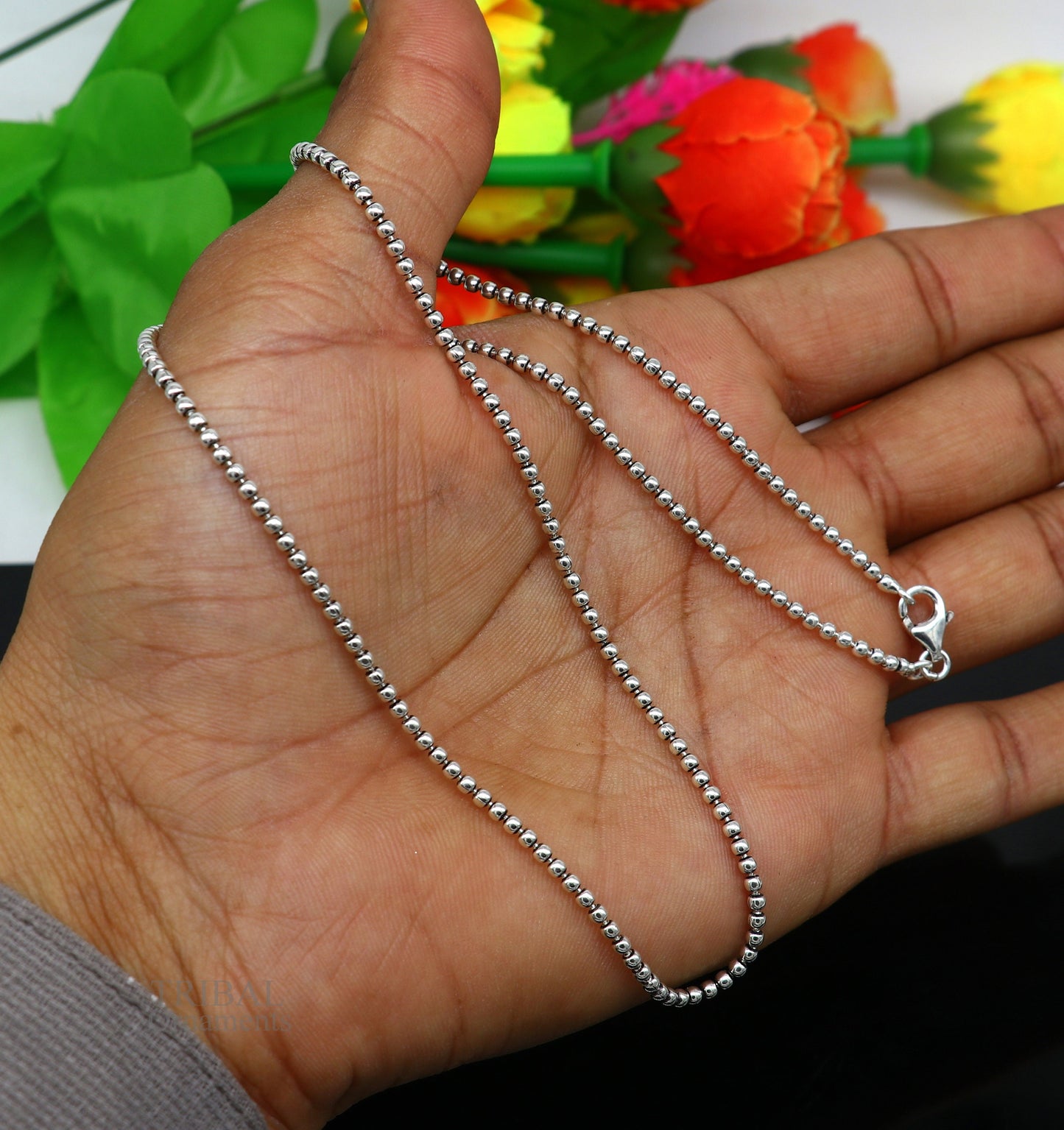 All size 925 sterling silver handmade customized fancy stylish silver beaded chain necklace baht chain best gifting jewelry from India ch150 - TRIBAL ORNAMENTS