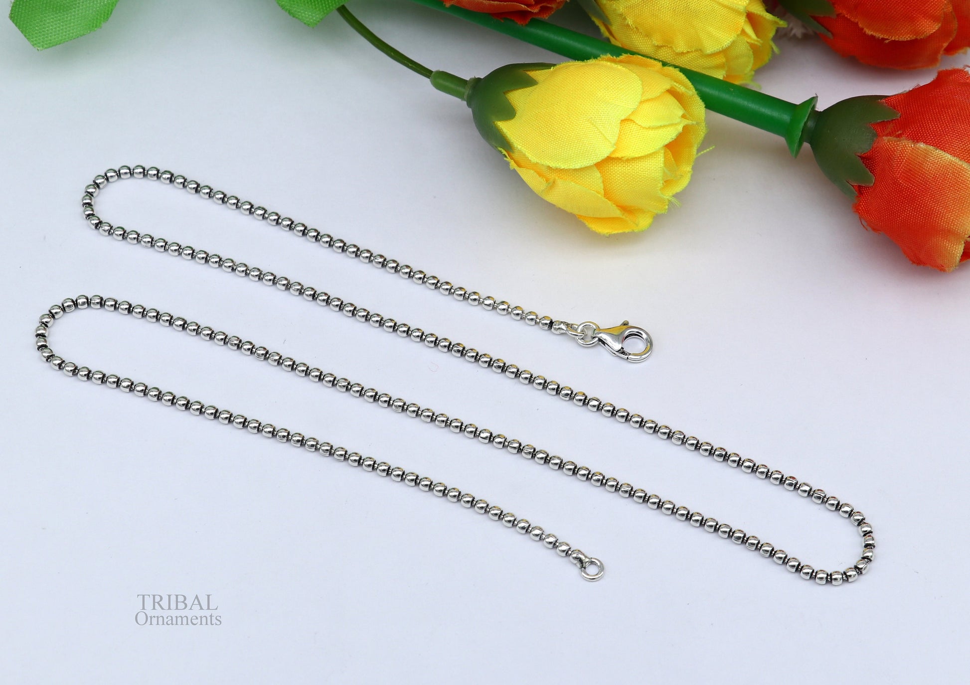 All size 925 sterling silver handmade customized fancy stylish silver beaded chain necklace baht chain best gifting jewelry from India ch150 - TRIBAL ORNAMENTS