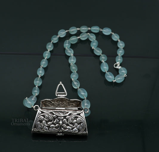 925 sterling silver handmade wallet style locket pendant with gorgeous quartz stone necklace best gifting container necklace set301 - TRIBAL ORNAMENTS