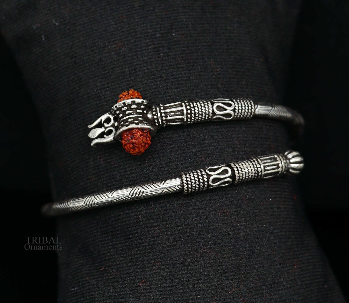 925 sterling silver Lord shiva trident trishool kada bangle bracelet with fabulous natural rudraksha antique jewelry nssk673 - TRIBAL ORNAMENTS