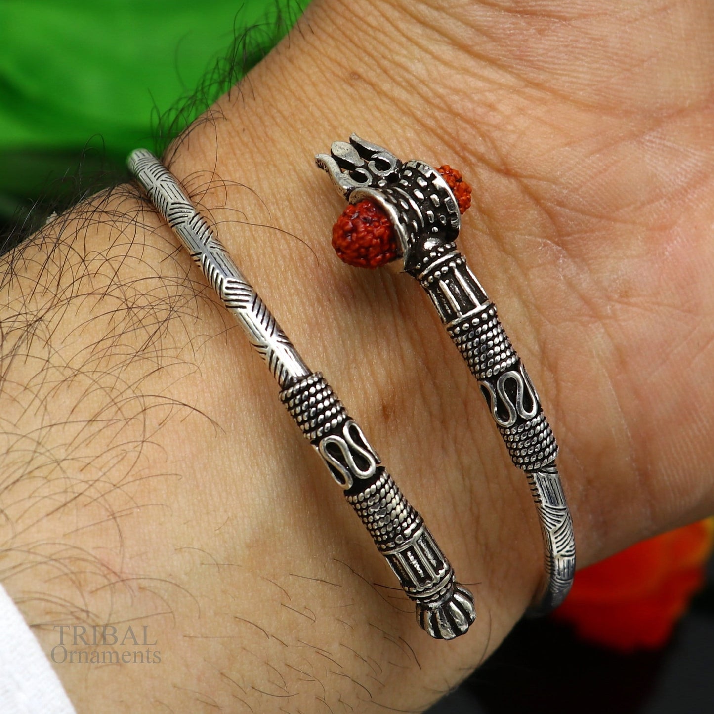925 sterling silver Lord shiva trident trishool kada bangle bracelet with fabulous natural rudraksha antique jewelry nssk673 - TRIBAL ORNAMENTS