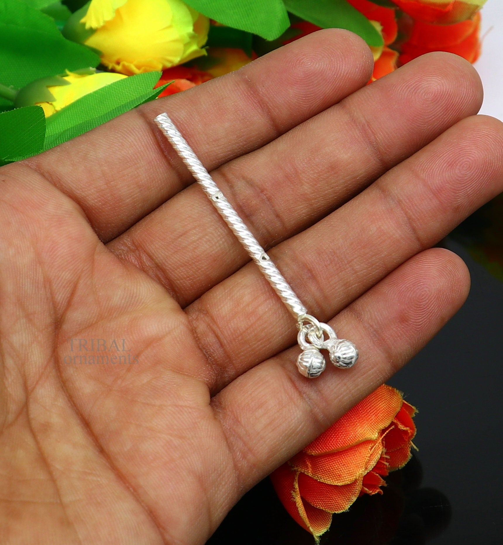 Lord Krishna flute terling silver handmade idol krishna flute, silver bansuri, laddu gopala flute, little krishna flute puja art su659 - TRIBAL ORNAMENTS