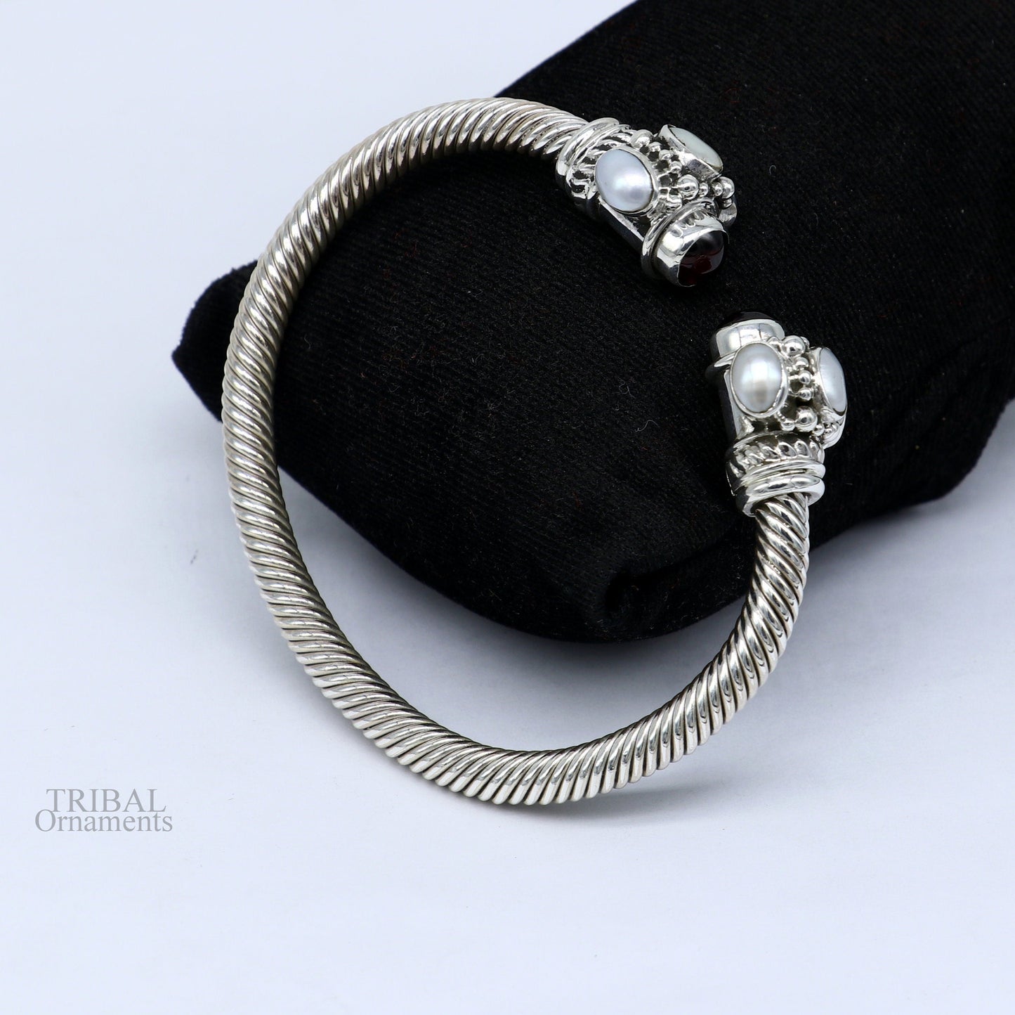 925 sterling silver handmade solid unique design stylish pearl bangle bracelet, best gifting belly dance jewelry form india nsk454 - TRIBAL ORNAMENTS
