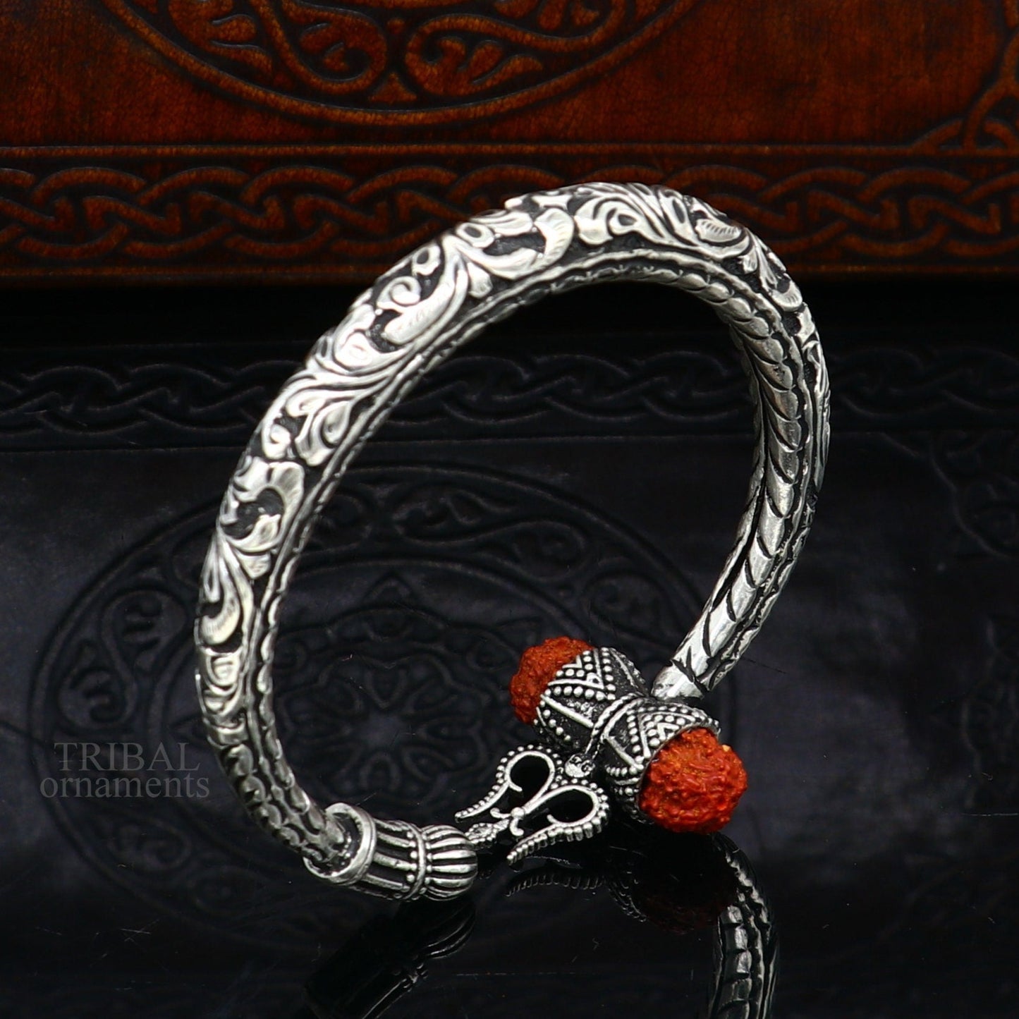 925 Sterling silver handmade chitai work Lord Shiva trident trishul kada bangle bracelet with natural Rudraksha bahubali kada nsk458 - TRIBAL ORNAMENTS