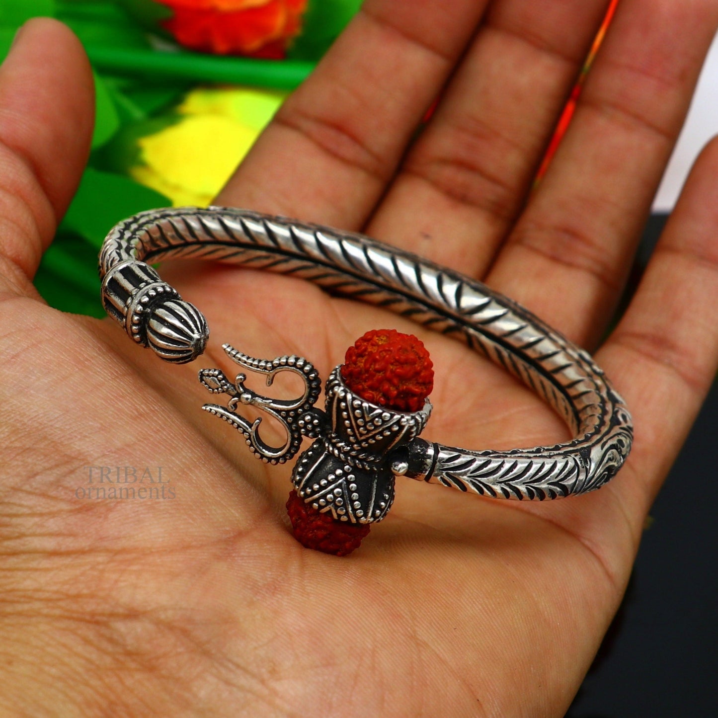 925 Sterling silver handmade chitai work Lord Shiva trident trishul kada bangle bracelet with natural Rudraksha bahubali kada nsk458 - TRIBAL ORNAMENTS