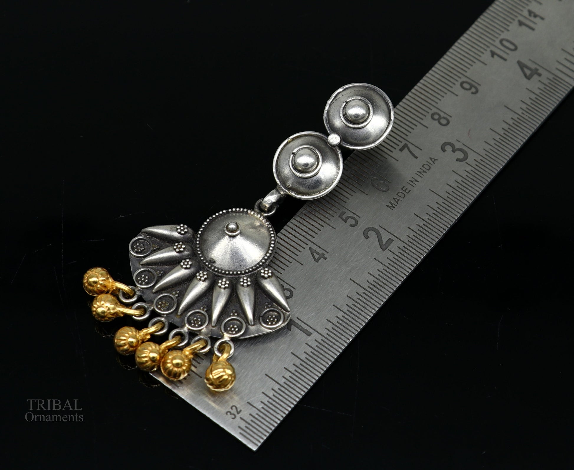 925 sterling silver vintage design traditional stud drop dangle earring with hanging gold polished jingling bells s gifting earrings ear1140 - TRIBAL ORNAMENTS