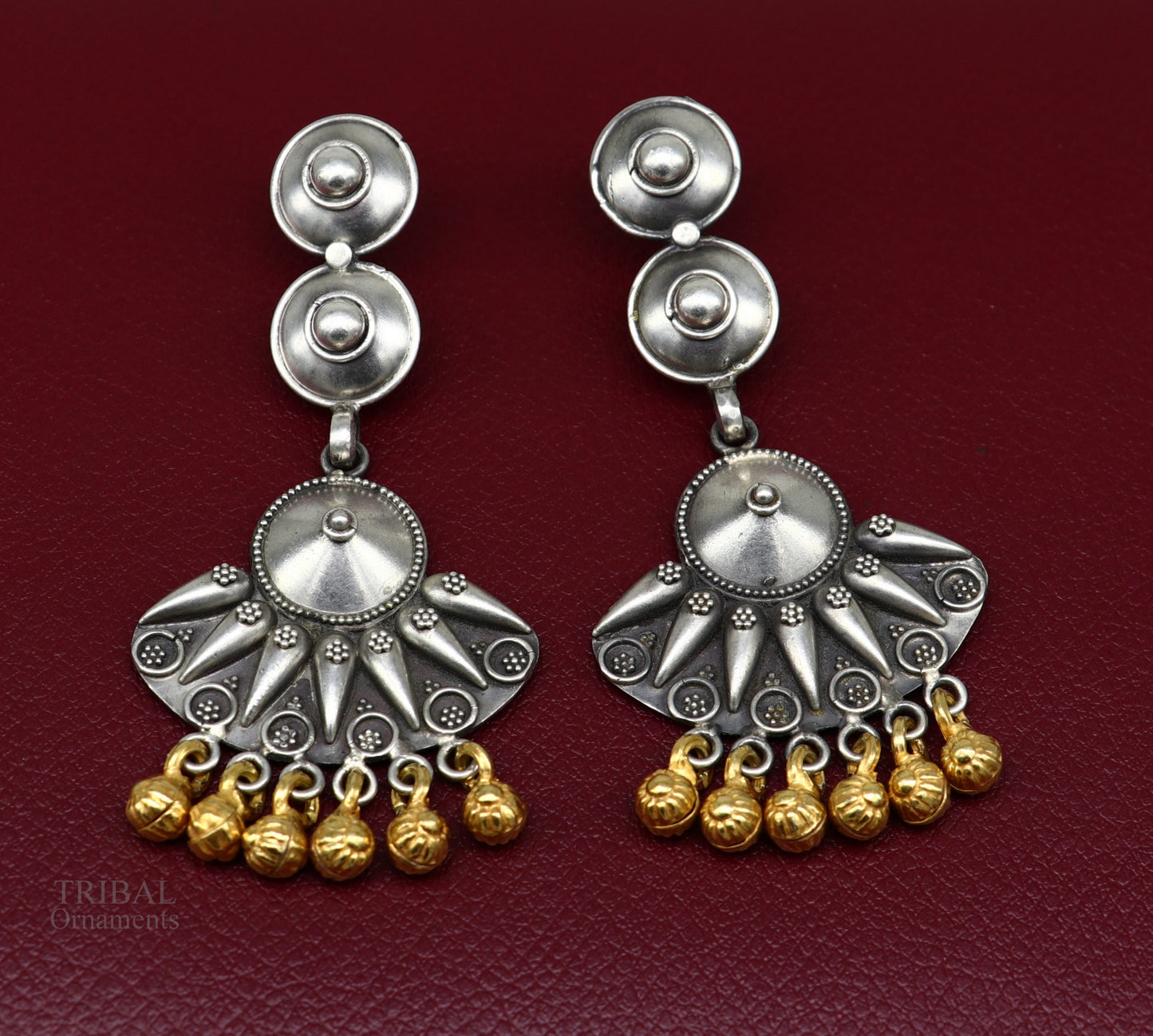 925 sterling silver vintage design traditional stud drop dangle earring with hanging gold polished jingling bells s gifting earrings ear1140 - TRIBAL ORNAMENTS