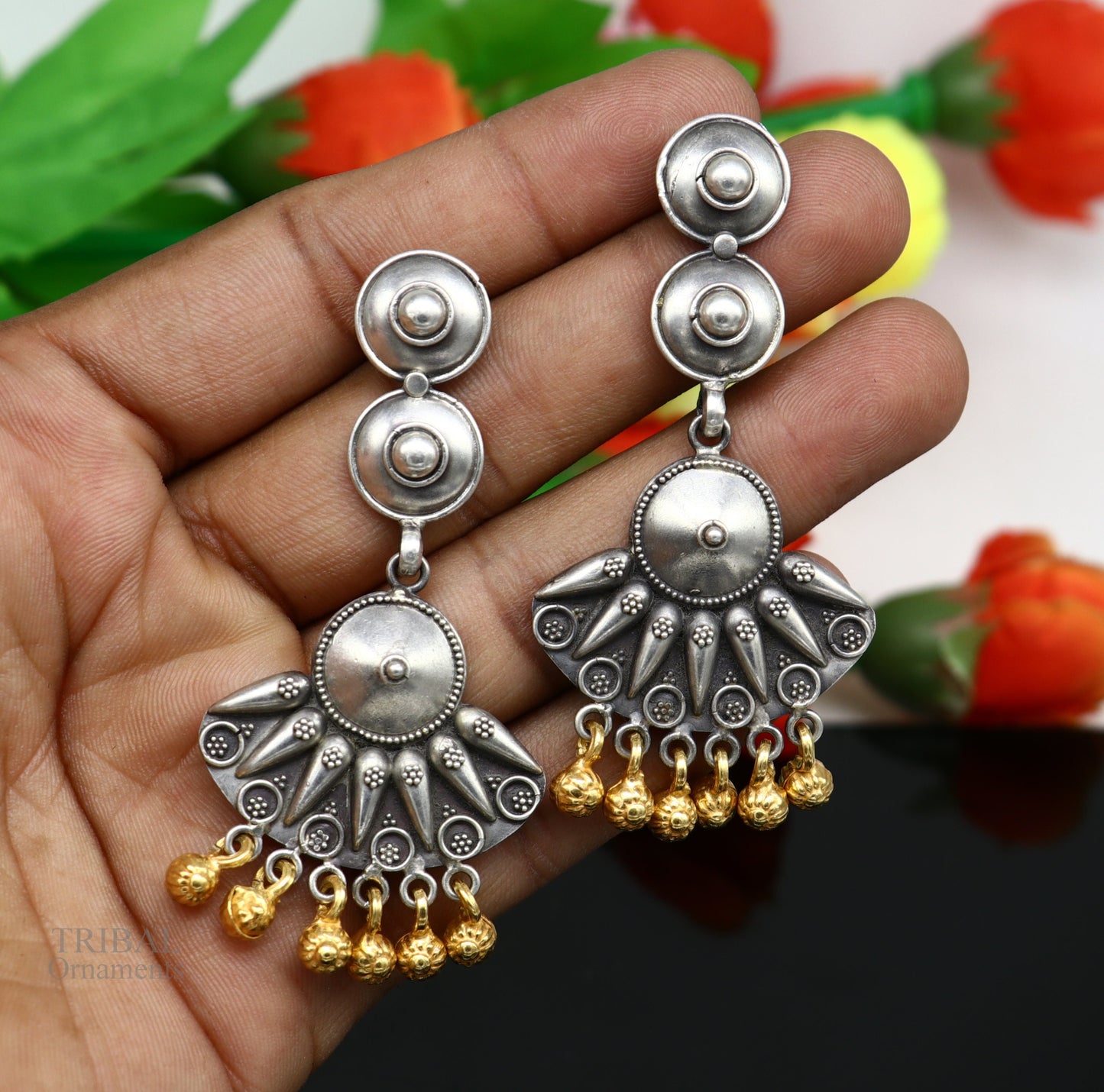 925 sterling silver vintage design traditional stud drop dangle earring with hanging gold polished jingling bells s gifting earrings ear1140 - TRIBAL ORNAMENTS