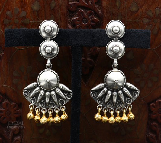 925 sterling silver vintage design traditional stud drop dangle earring with hanging gold polished jingling bells s gifting earrings ear1140 - TRIBAL ORNAMENTS