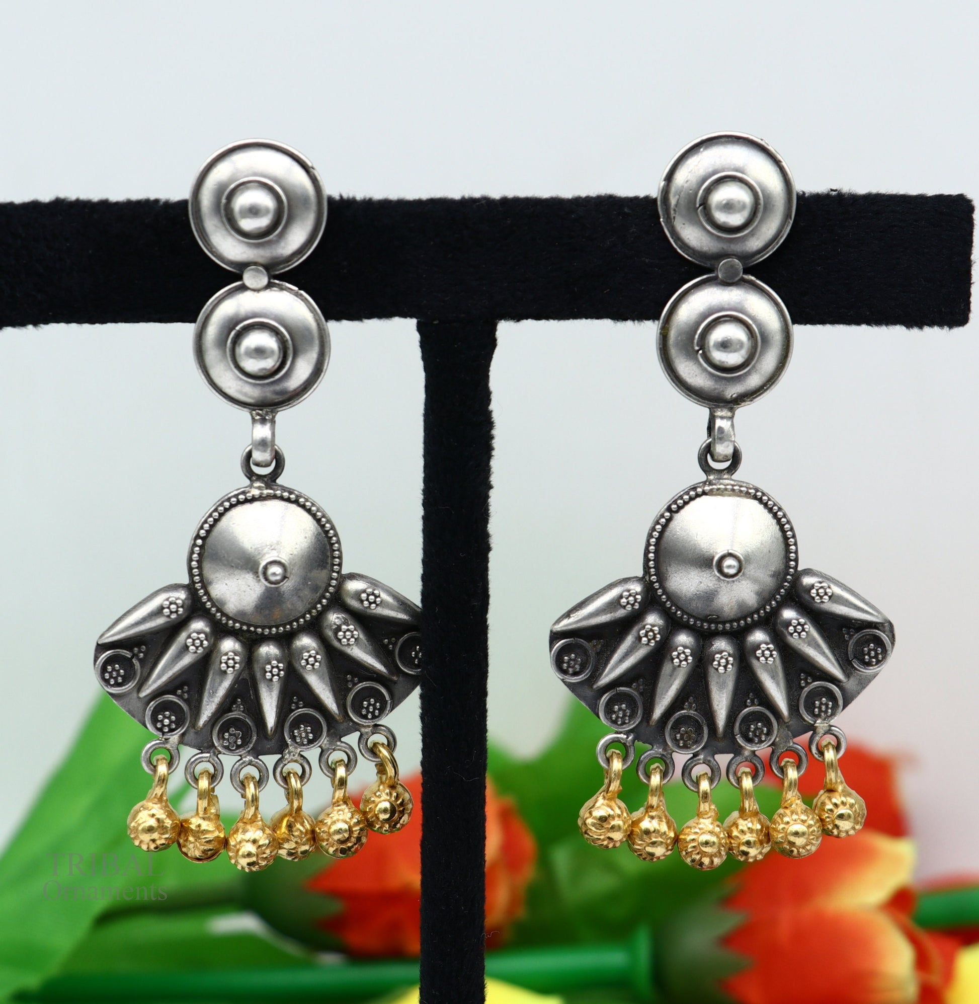 925 sterling silver vintage design traditional stud drop dangle earring with hanging gold polished jingling bells s gifting earrings ear1140 - TRIBAL ORNAMENTS