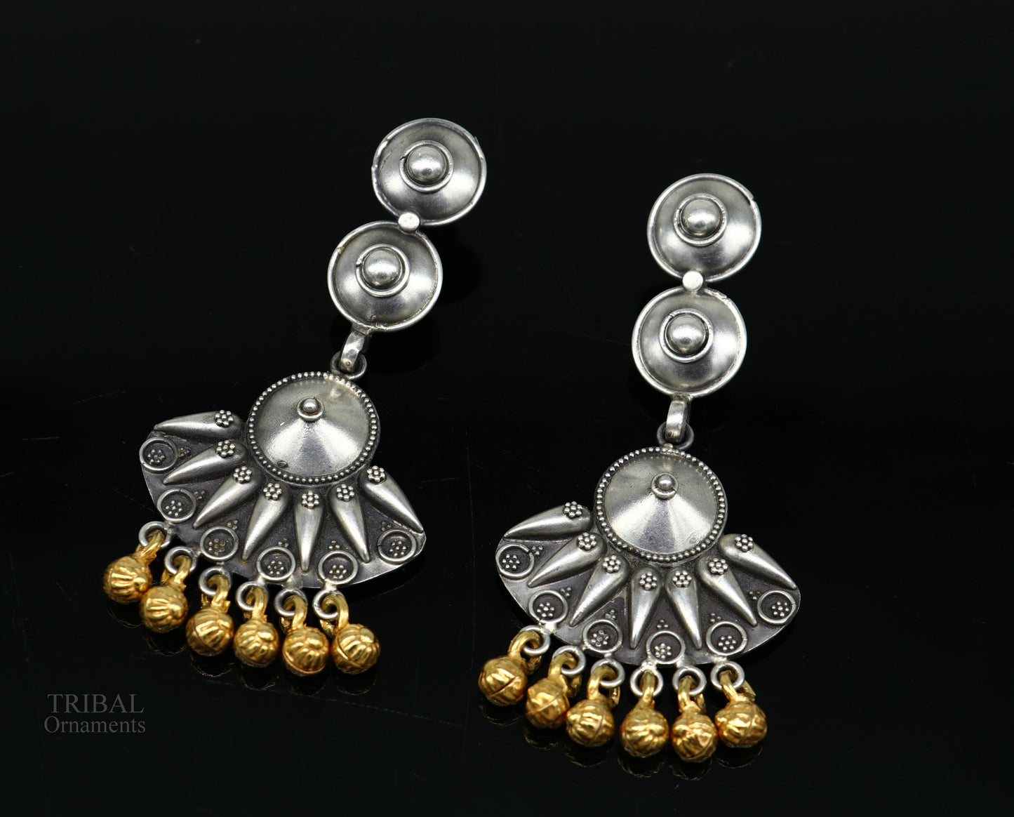925 sterling silver vintage design traditional stud drop dangle earring with hanging gold polished jingling bells s gifting earrings ear1140 - TRIBAL ORNAMENTS