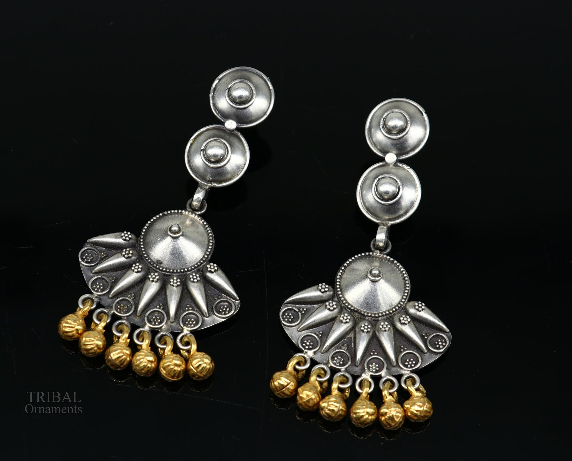 925 sterling silver vintage design traditional stud drop dangle earring with hanging gold polished jingling bells s gifting earrings ear1140 - TRIBAL ORNAMENTS