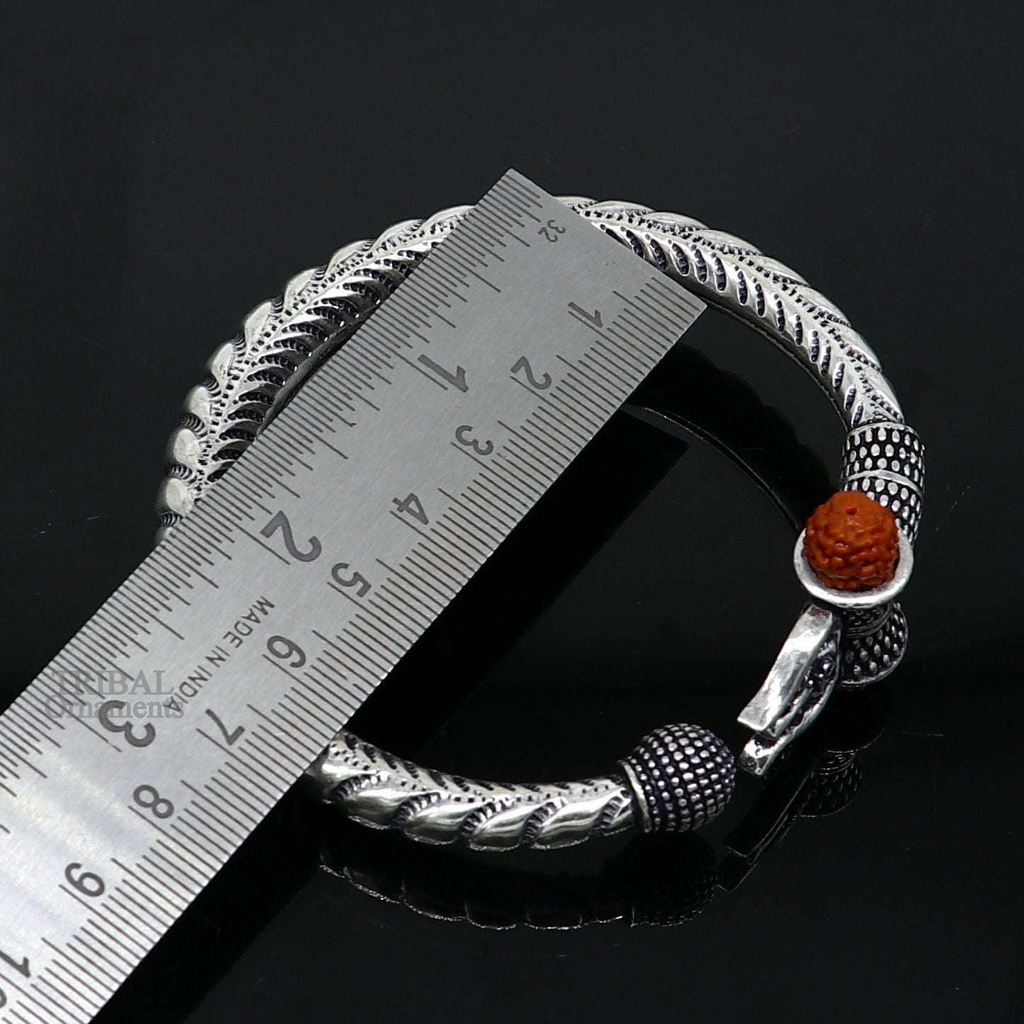 Exclusive 925 Sterling silver handmade chitai work Lord Shiva trident trishul bangle bracelet natural Rudraksha beads customized kada nsk440 - TRIBAL ORNAMENTS