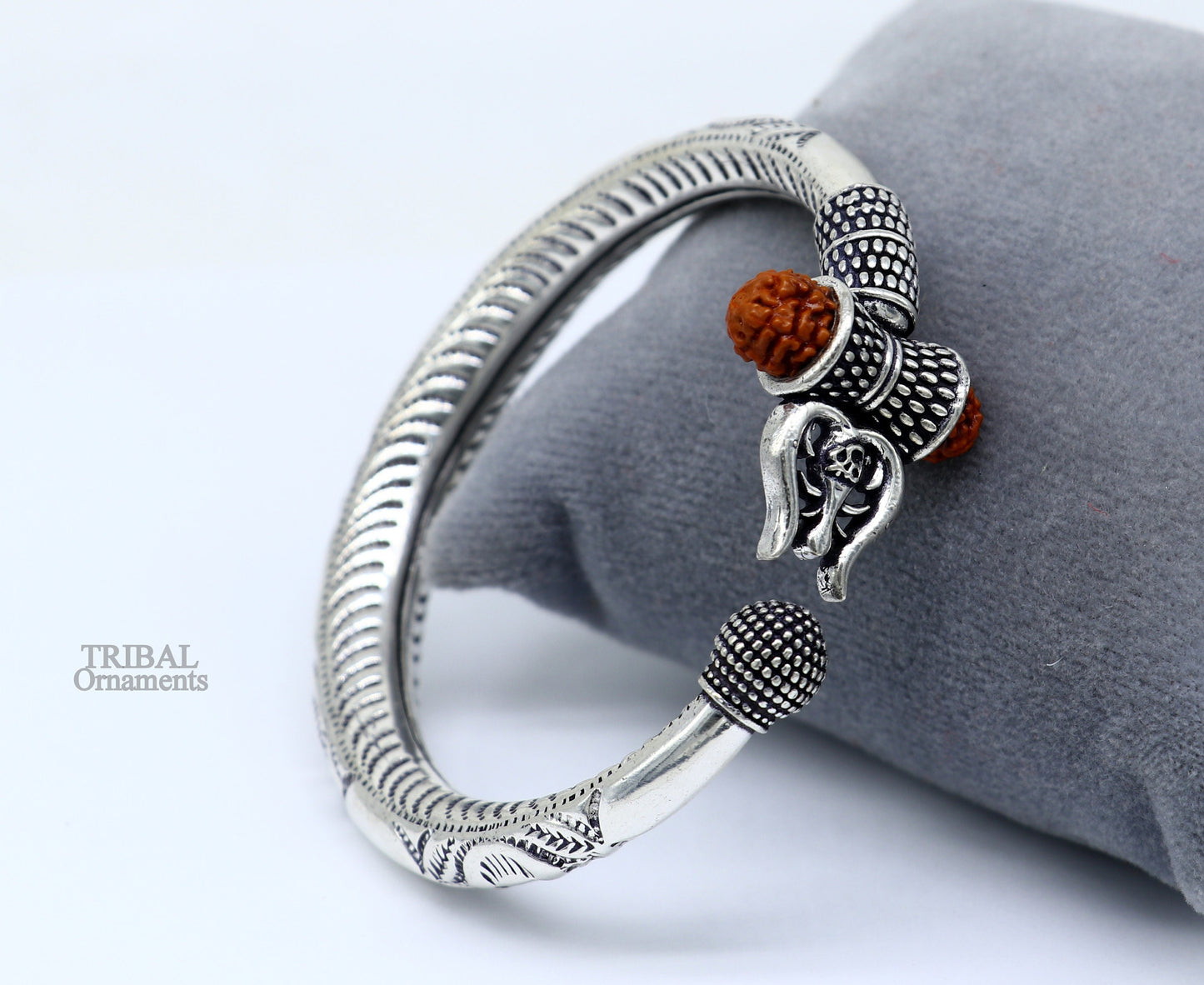 Exclusive 925 Sterling silver handmade chitai work Lord Shiva trident trishul bangle bracelet natural Rudraksha beads customized kada nsk441 - TRIBAL ORNAMENTS