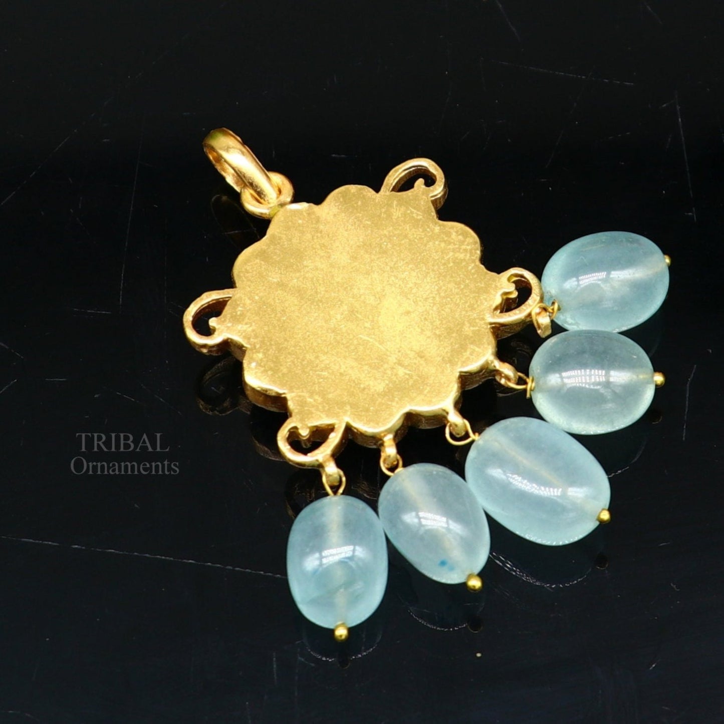 Handmade kundan work 925 sterling silver floral design pendant with gorgeous hanging aqua quartz stone, best gifting wedding jewelry ssp1506 - TRIBAL ORNAMENTS