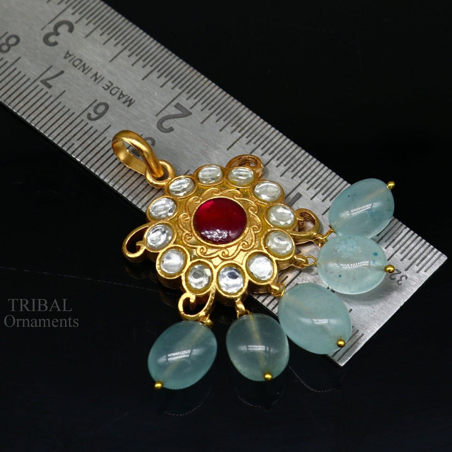 Handmade kundan work 925 sterling silver floral design pendant with gorgeous hanging aqua quartz stone, best gifting wedding jewelry ssp1506 - TRIBAL ORNAMENTS