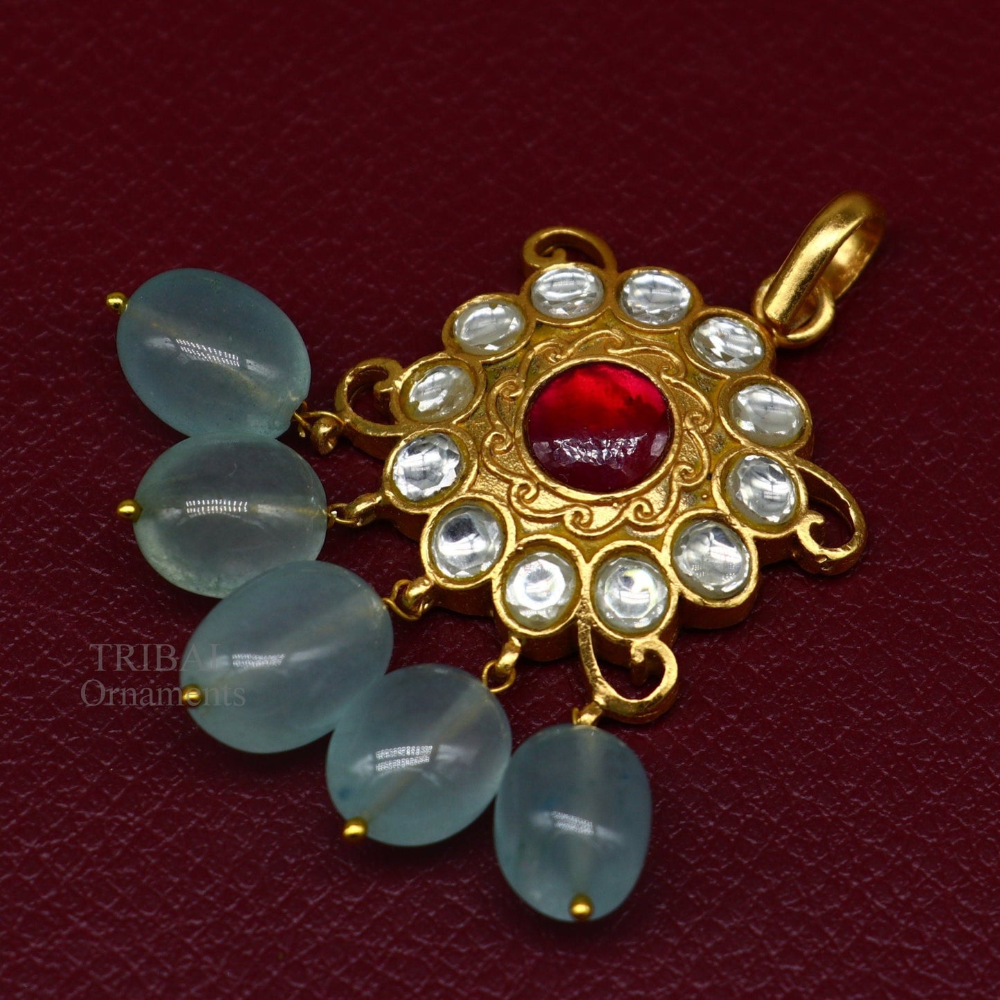 Handmade kundan work 925 sterling silver floral design pendant with gorgeous hanging aqua quartz stone, best gifting wedding jewelry ssp1506 - TRIBAL ORNAMENTS