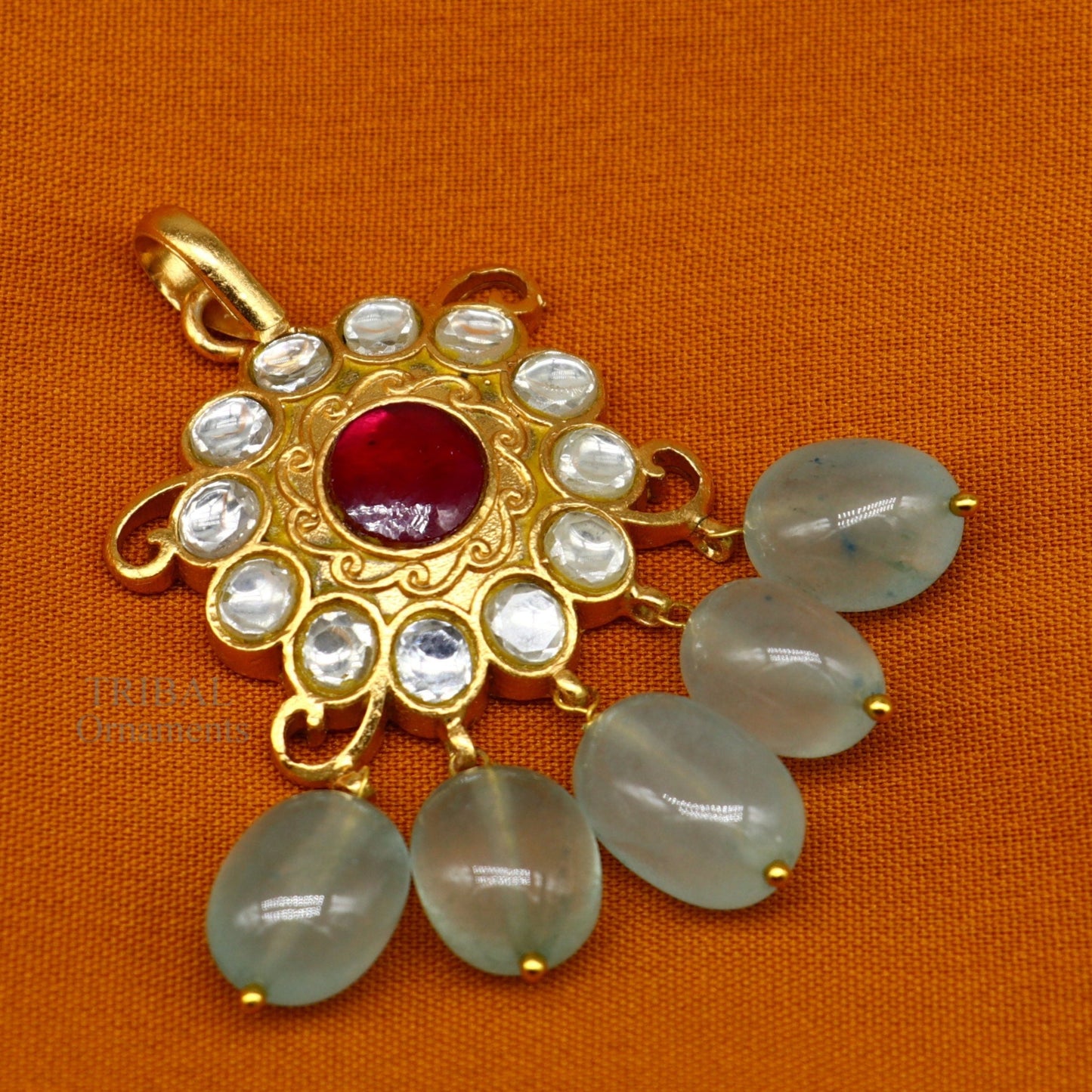 Handmade kundan work 925 sterling silver floral design pendant with gorgeous hanging aqua quartz stone, best gifting wedding jewelry ssp1506 - TRIBAL ORNAMENTS