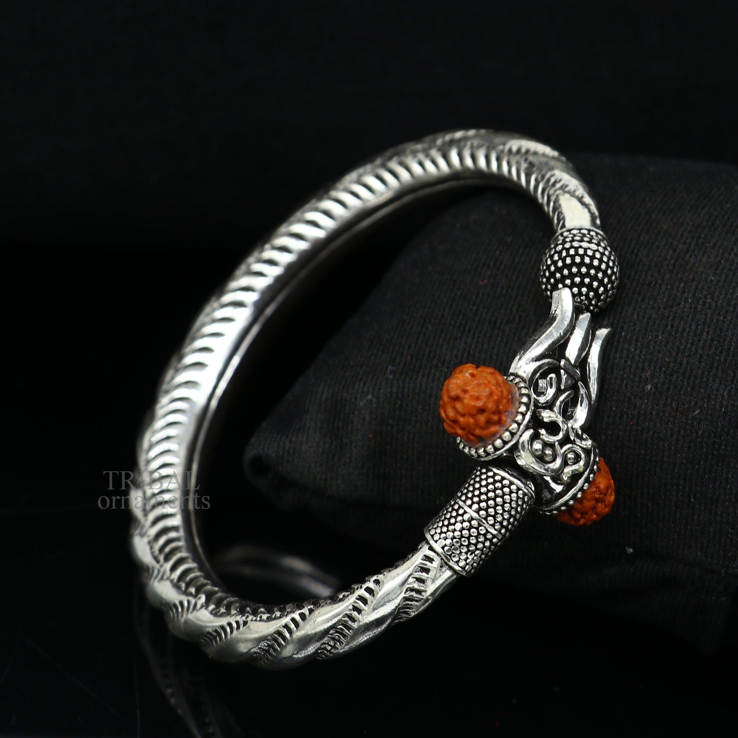 Exclusive 925 Sterling silver handmade chitai work Lord Shiva trident trishul bangle bracelet natural Rudraksha beads customized kada nsk444 - TRIBAL ORNAMENTS