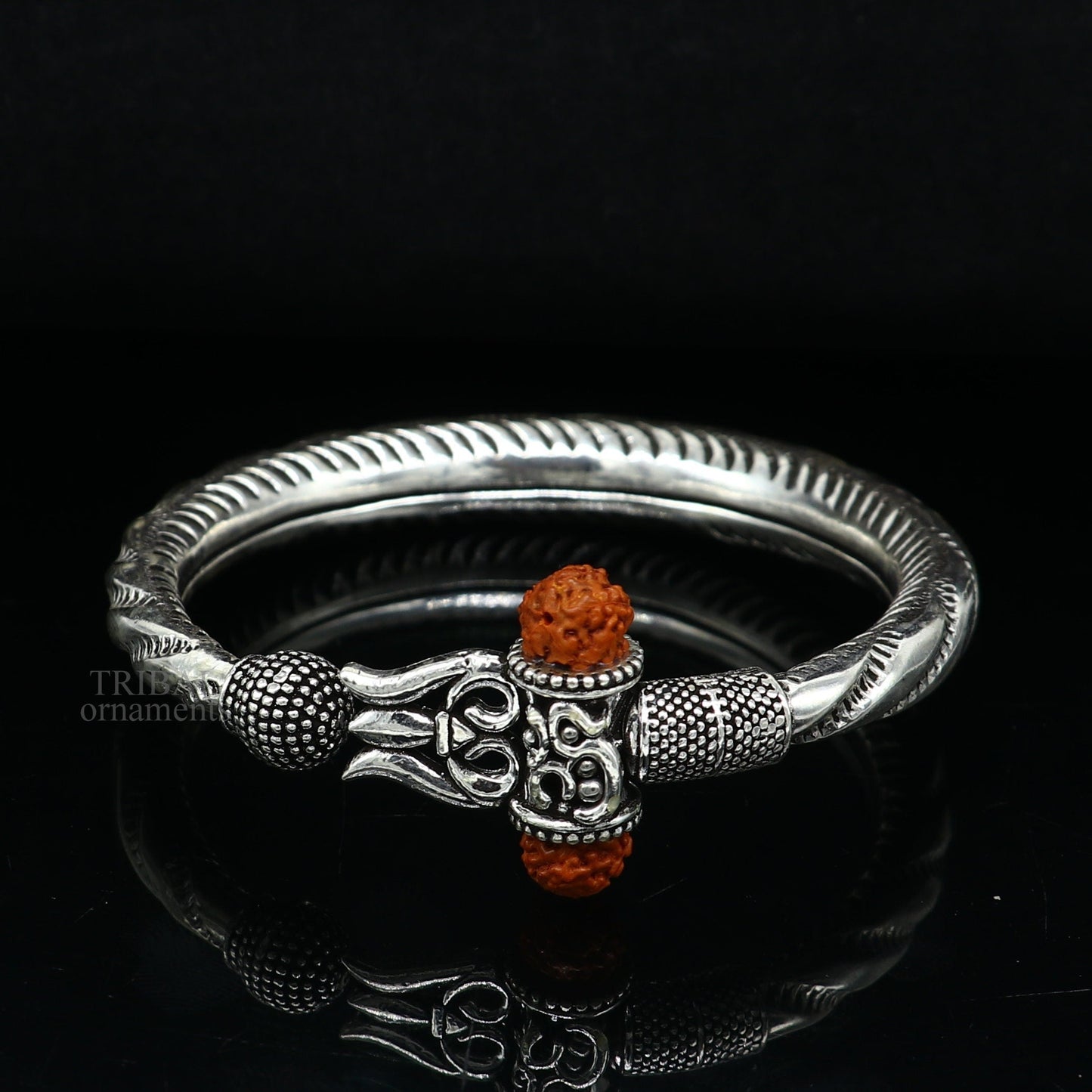 Exclusive 925 Sterling silver handmade chitai work Lord Shiva trident trishul bangle bracelet natural Rudraksha beads customized kada nsk444 - TRIBAL ORNAMENTS