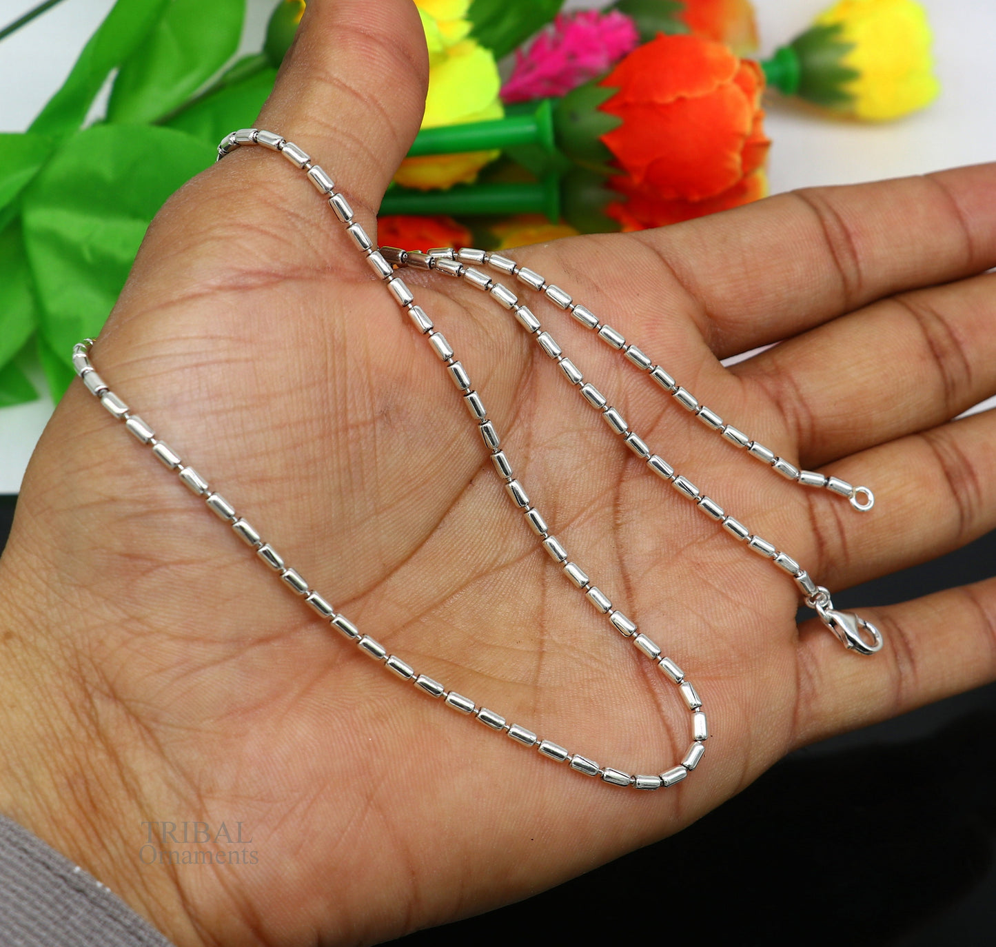 All size 925 sterling silver handmade customized fancy stylish silver beaded chain necklace baht chain best gifting jewelry from India ch149 - TRIBAL ORNAMENTS