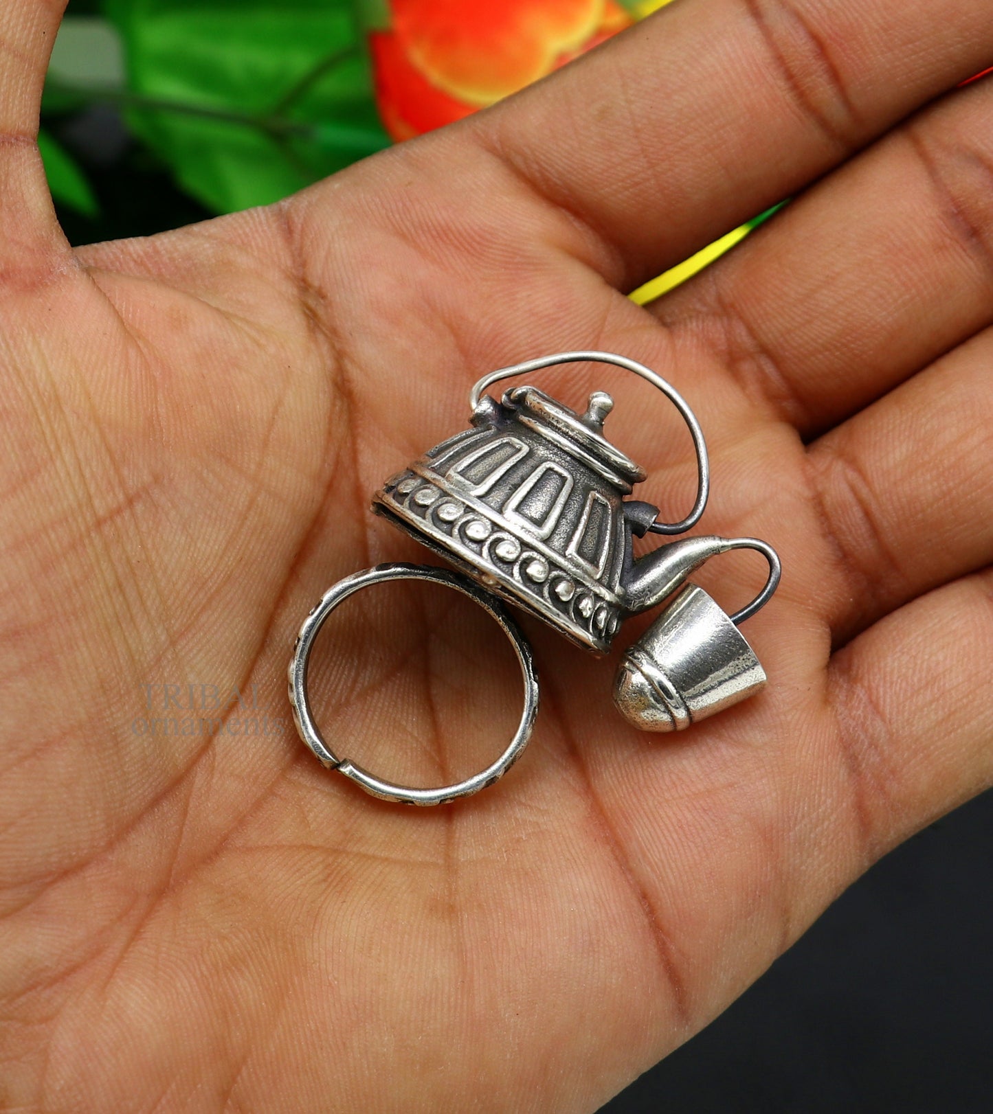 925 sterling silver Traditional vintage tea pot design handmade stylish ring women's tribal charm ring brides jewelry India sr329 - TRIBAL ORNAMENTS