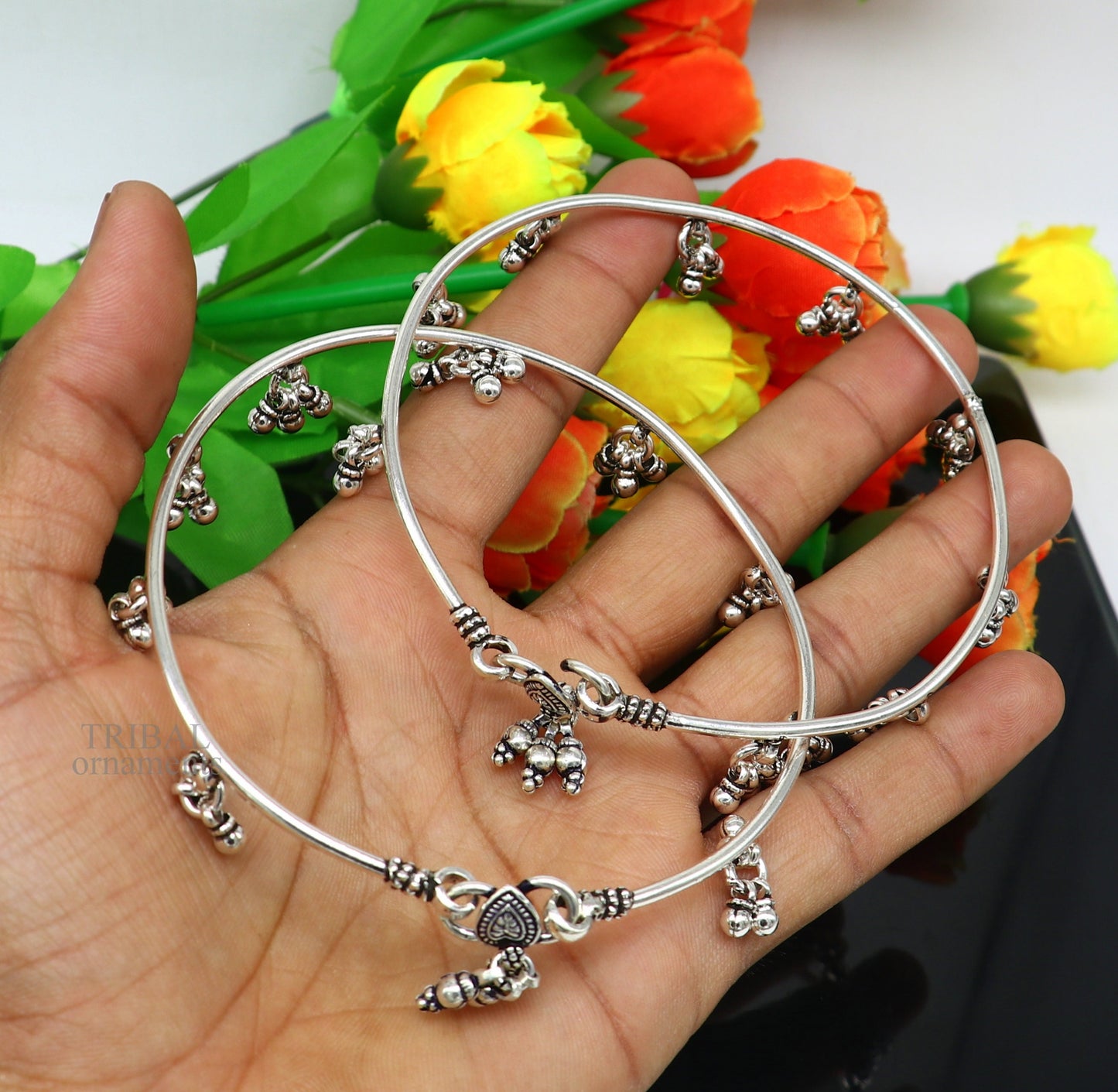 925 sterling silver Vintage antique design handmade plain foot kada with hanging drops ankle bracelet ethnic belly dance jewelry nsfk41 - TRIBAL ORNAMENTS