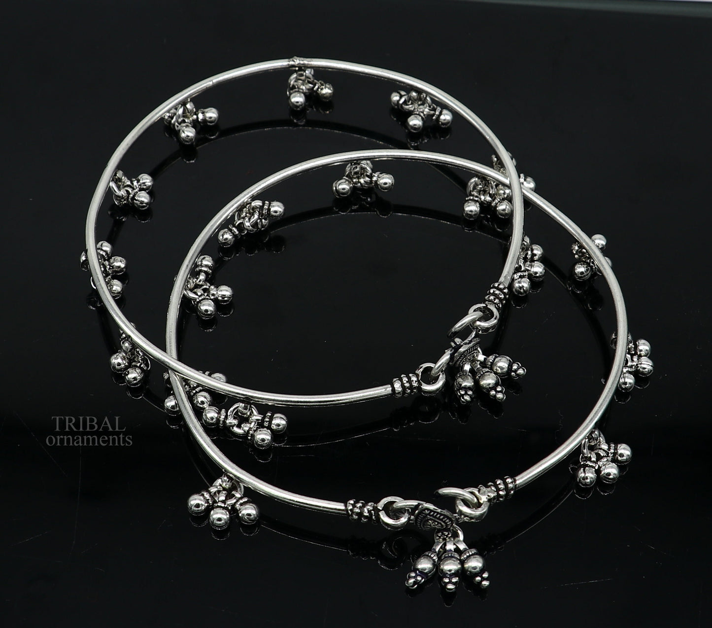 925 sterling silver Vintage antique design handmade plain foot kada with hanging drops ankle bracelet ethnic belly dance jewelry nsfk41 - TRIBAL ORNAMENTS