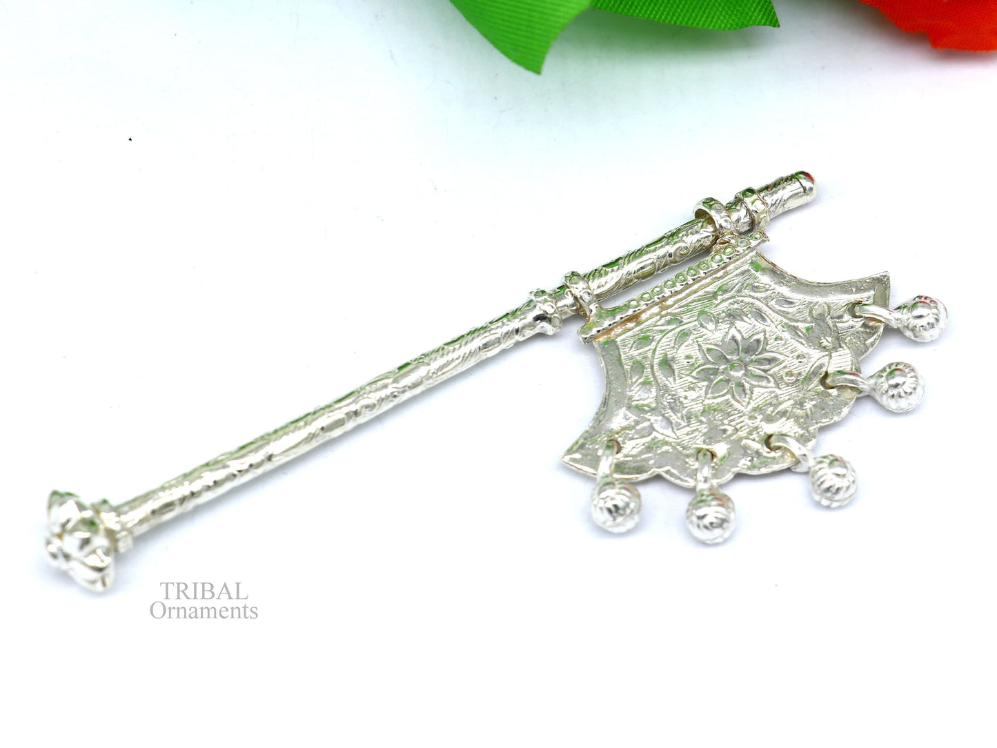 925 sterling silver pankhi, small fan or pankhi for god puja, best gifting to laddu gopala krishna, silver hand fan puja article su688 - TRIBAL ORNAMENTS