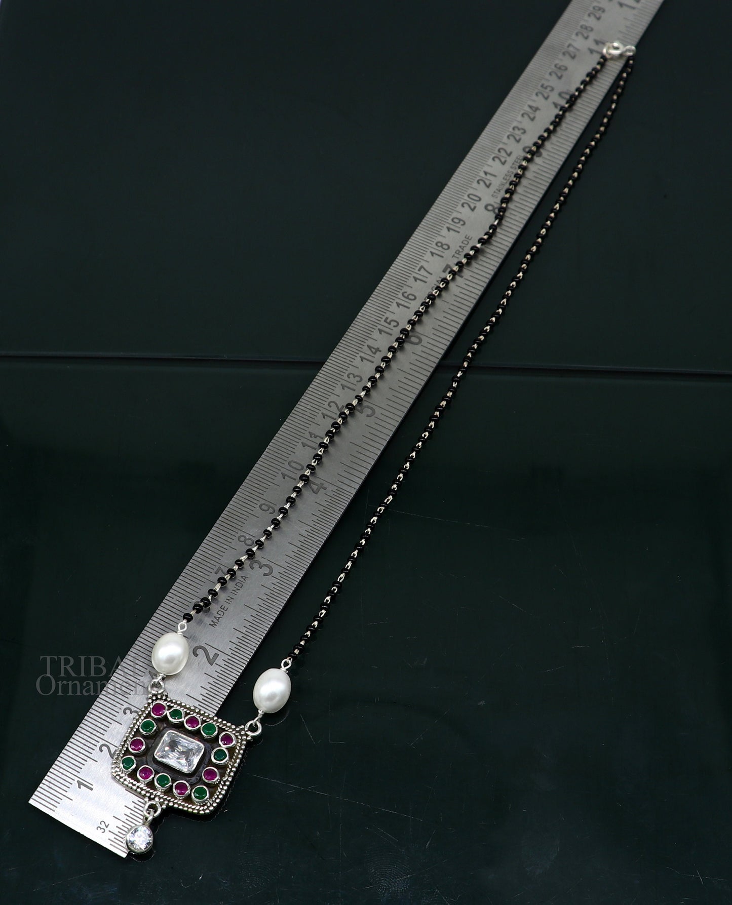 Awesome 2.2mm small black beaded 925 sterling silver cut stone mangalsutra pendant, best wedding anniversary, girl's gifting jewelry nec352 - TRIBAL ORNAMENTS