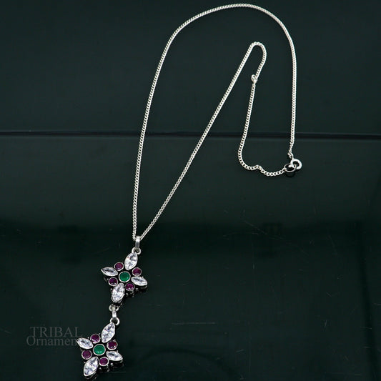 20 inches long adjustable 925 sterling silver chain necklace with gorgeous cut stone charm pendant , best gifting elegant necklace set314 - TRIBAL ORNAMENTS